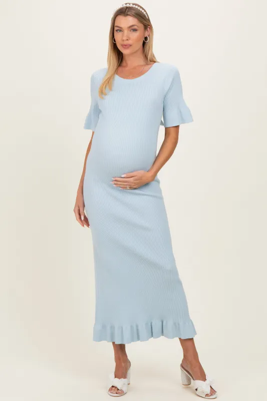 Sky Ribbed Knit Bow Back Ruffle Accent Maternity Dress made by Able