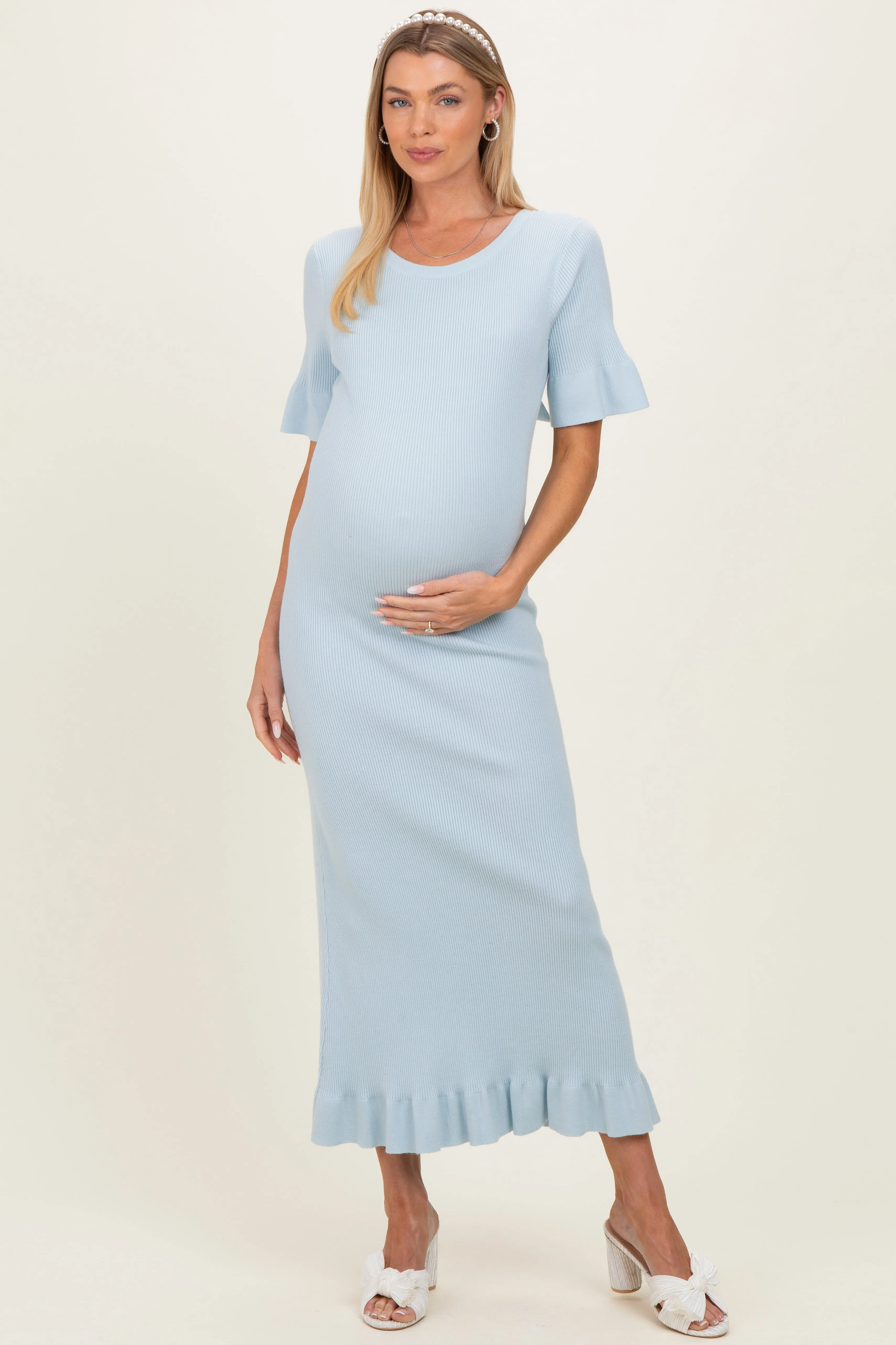 Sky Ribbed Knit Bow Back Ruffle Accent Maternity Dress sold by Pinkblush