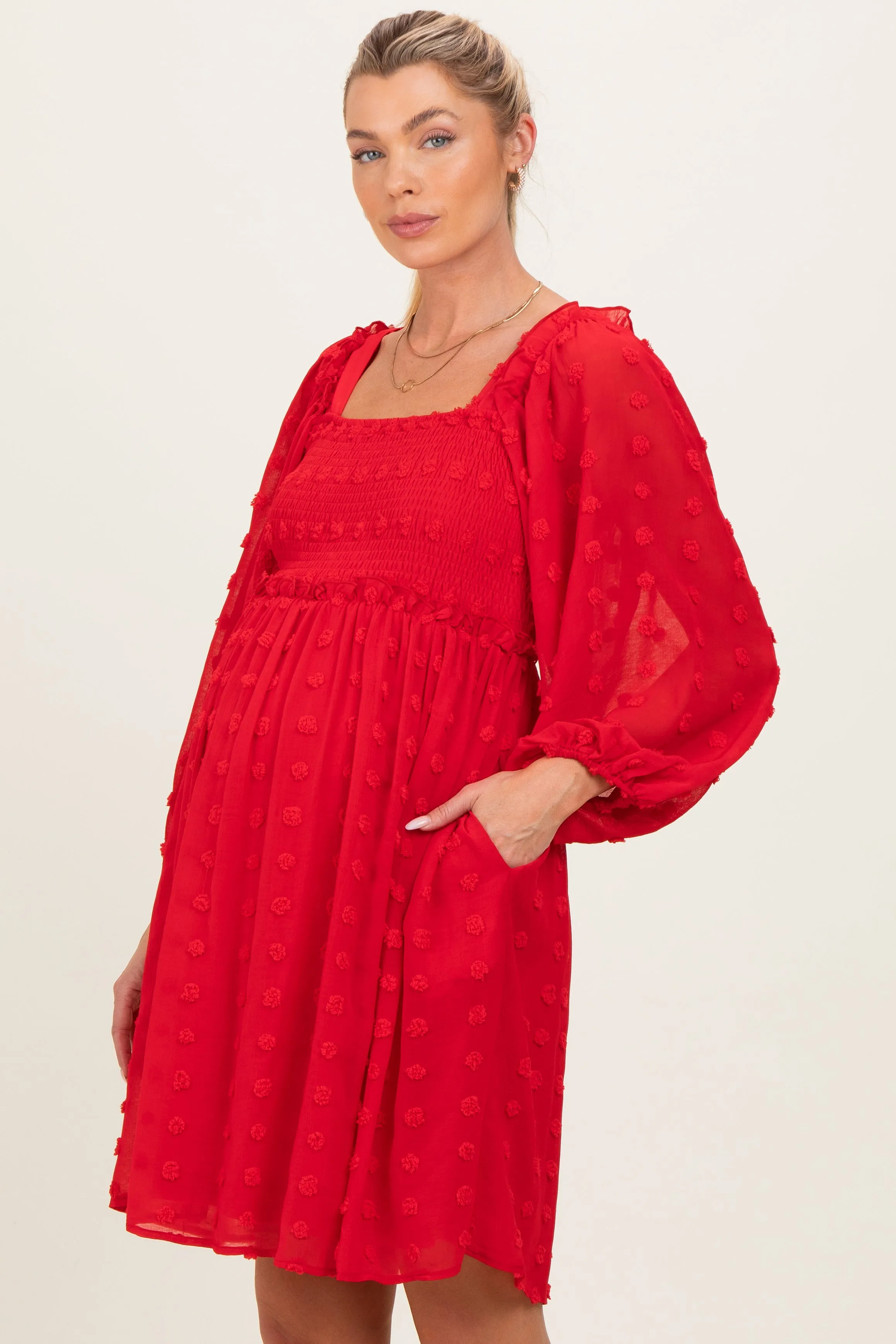 Red Textured Dot Smocked Square Neck Chiffon Maternity Dress sold by Pinkblush product image thumbnail 3