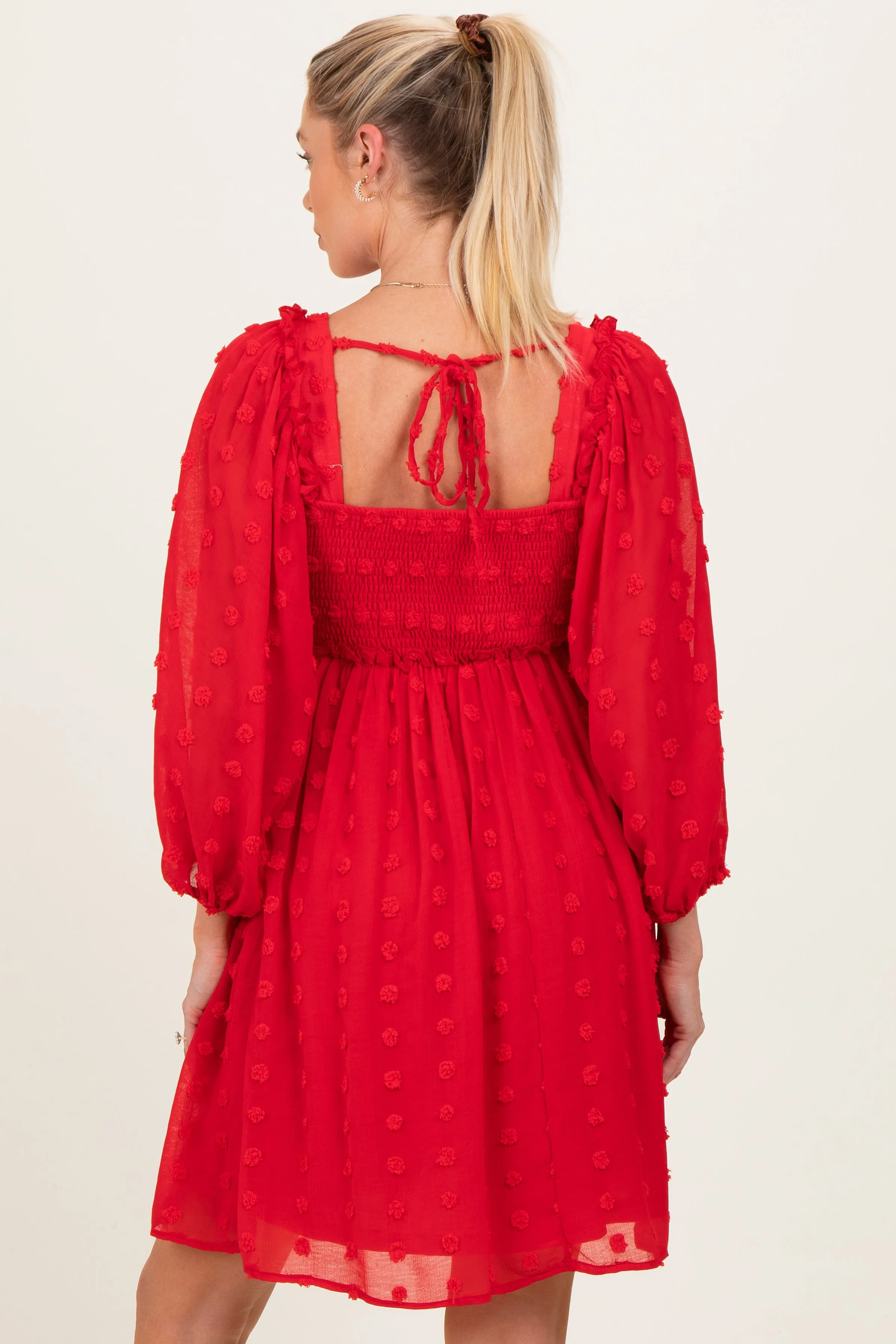 Red Textured Dot Smocked Square Neck Chiffon Maternity Dress sold by Pinkblush product image thumbnail 4