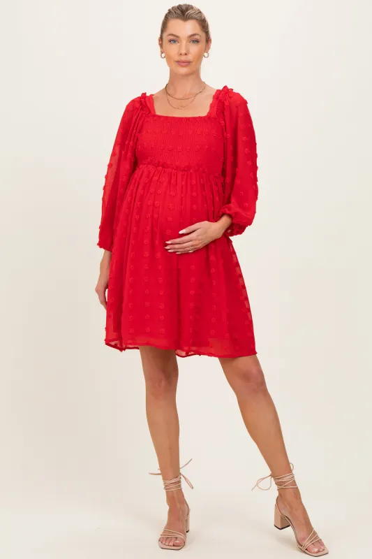 Red Textured Dot Smocked Square Neck Chiffon Maternity Dress made by Pinkblush