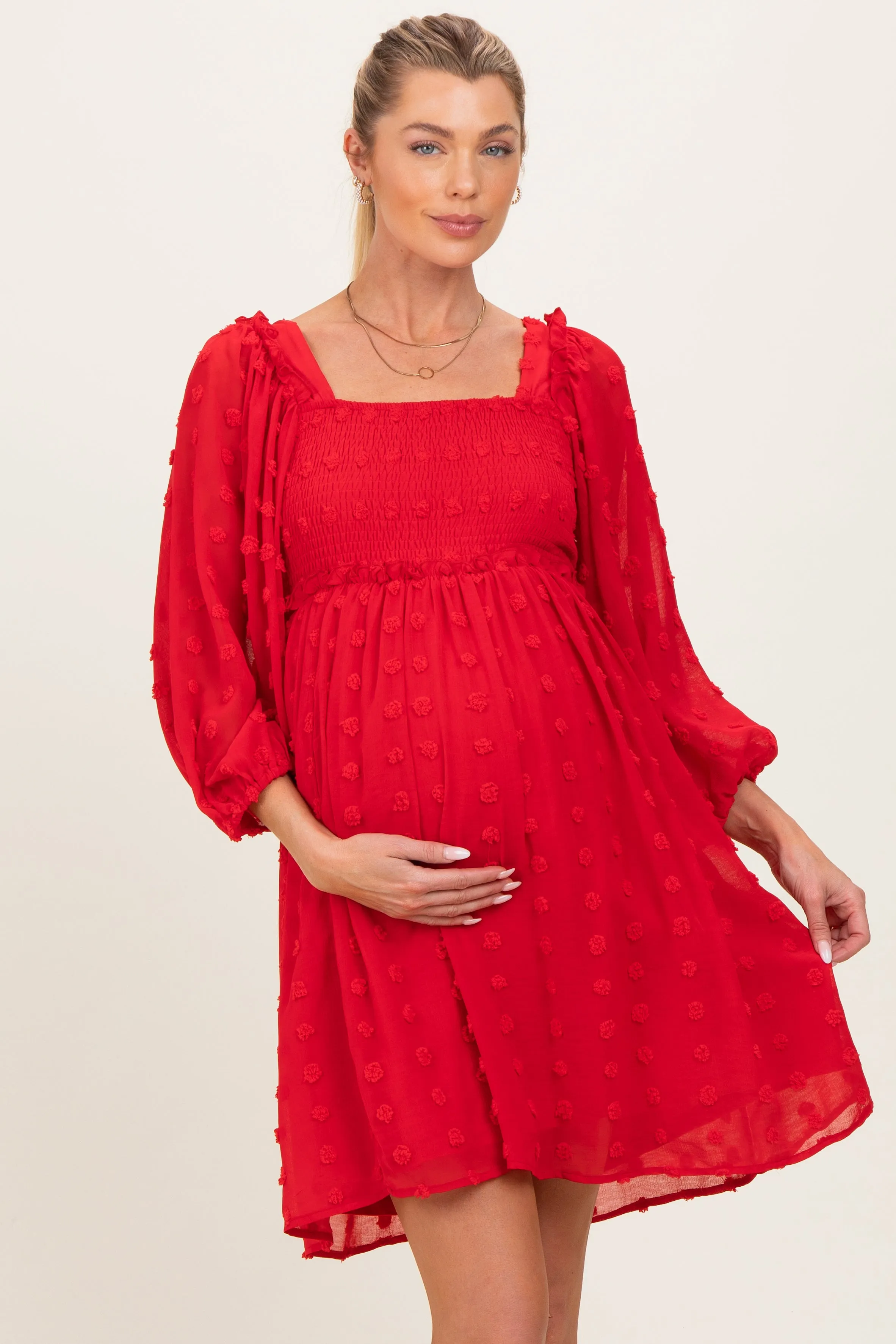 Red Textured Dot Smocked Square Neck Chiffon Maternity Dress sold by Pinkblush product image thumbnail 2