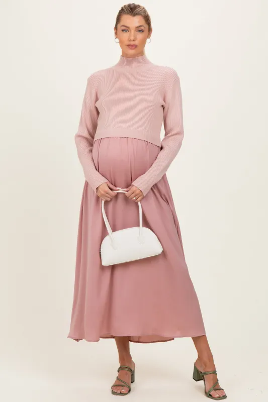 Mauve Knit Contrast Top Satin Maternity Midi Dress made by tea n rose
