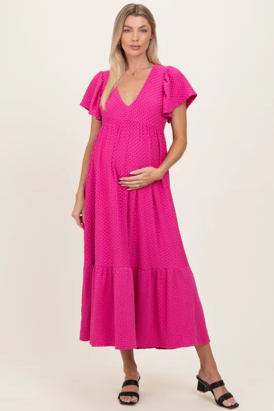 Fuchsia Textured Ruffle Hem Maternity Maxi Dress made by Pinkblush