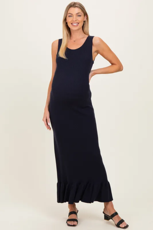 Navy Ribbed Knit Sleeveless Ruffle Hem Maternity Maxi Dress made by Able