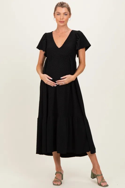 Black Textured Ruffle Hem Maternity Maxi Dress made by Pinkblush