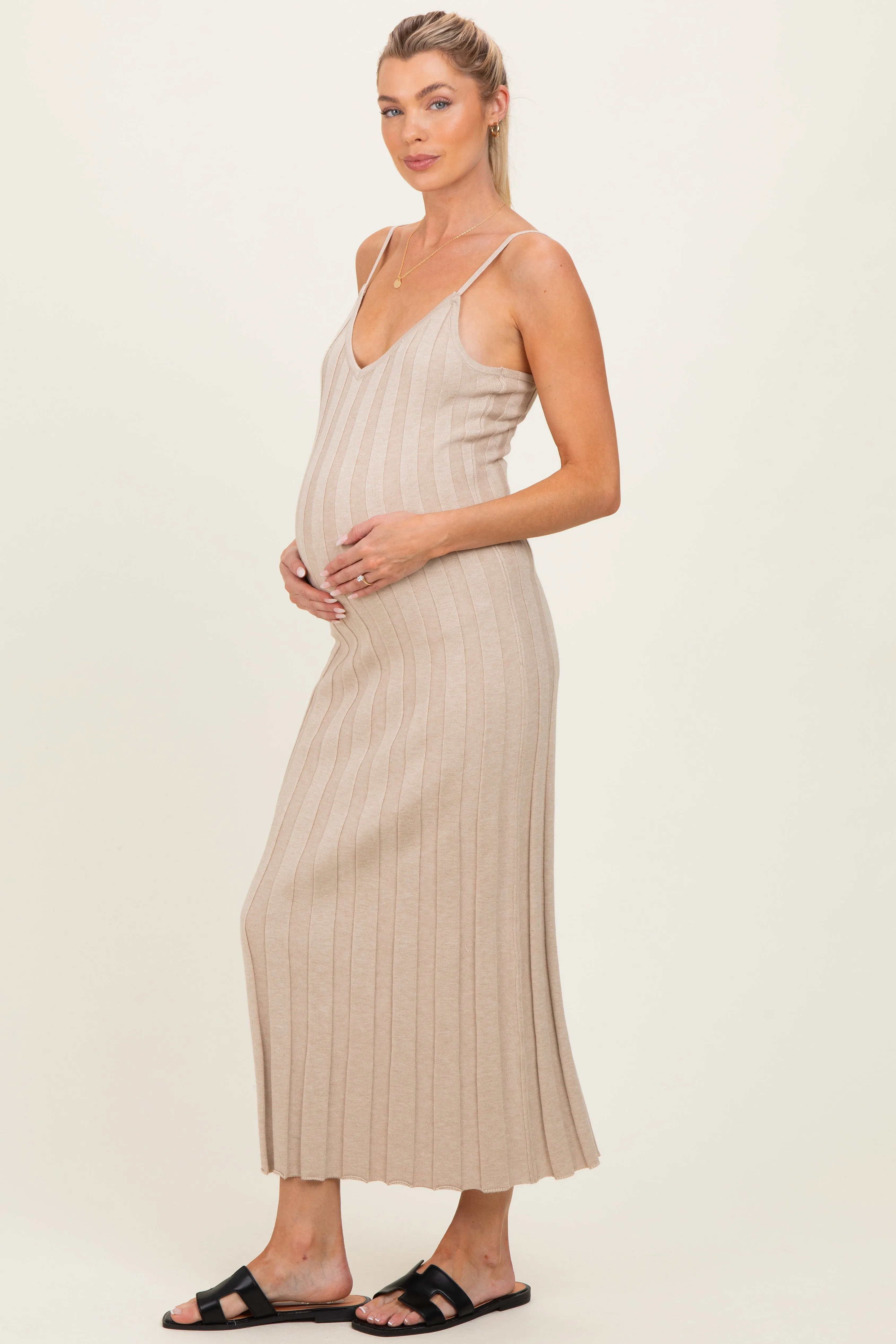 Oatmeal Rib Knit Sleeveless Maternity Maxi Dress sold by Pinkblush