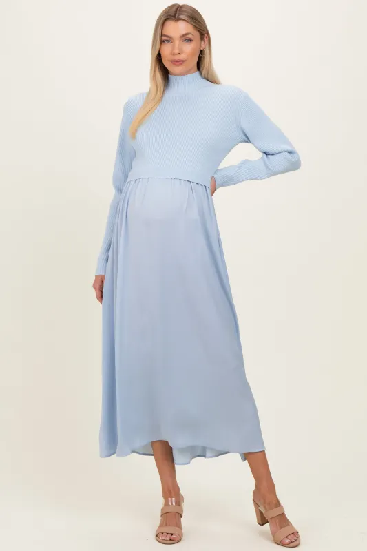 Light Blue Knit Contrast Top Satin Maternity Midi Dress made by tea n rose