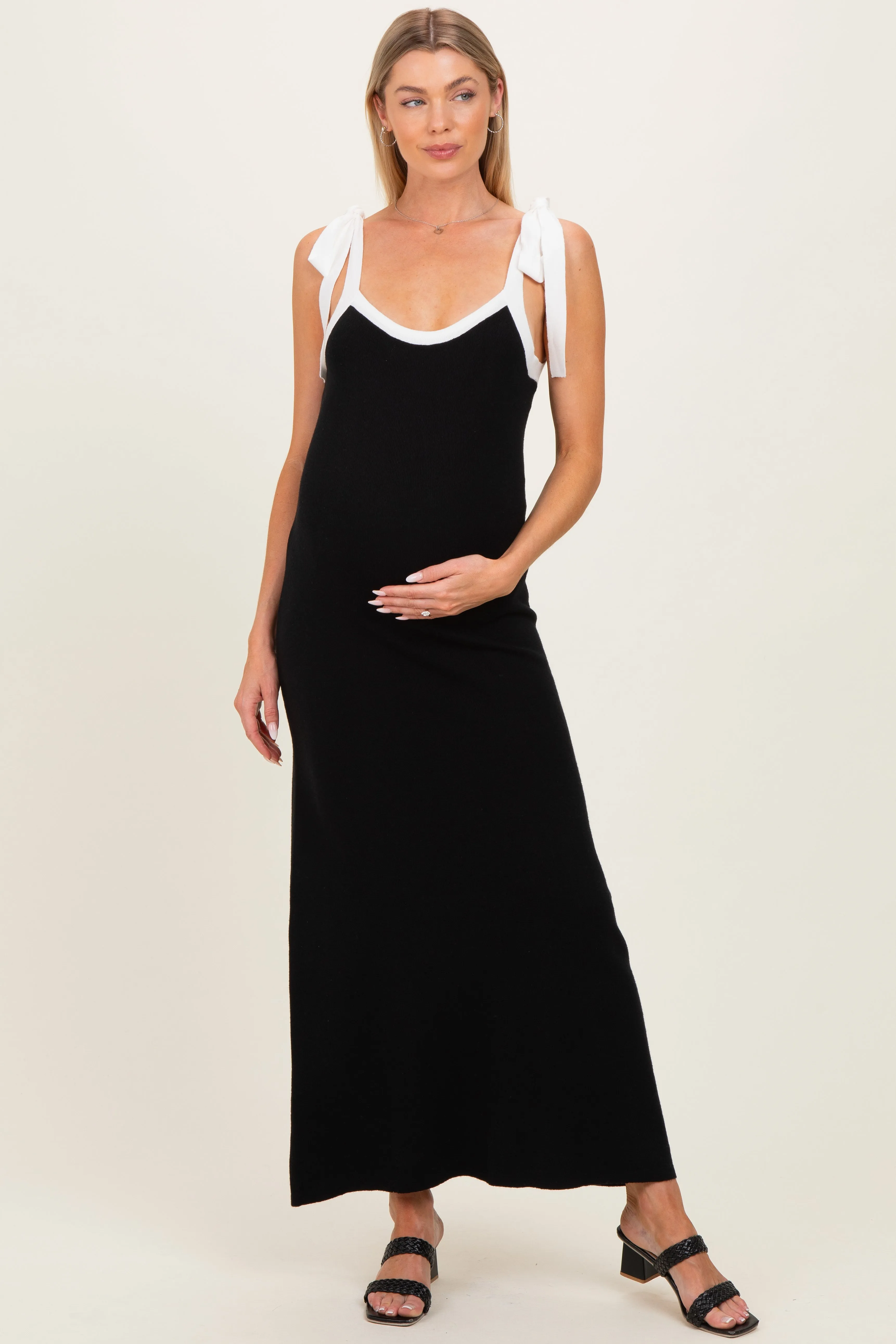 Black Knit Contrast Shoulder Tie Maternity Dress sold by Pinkblush