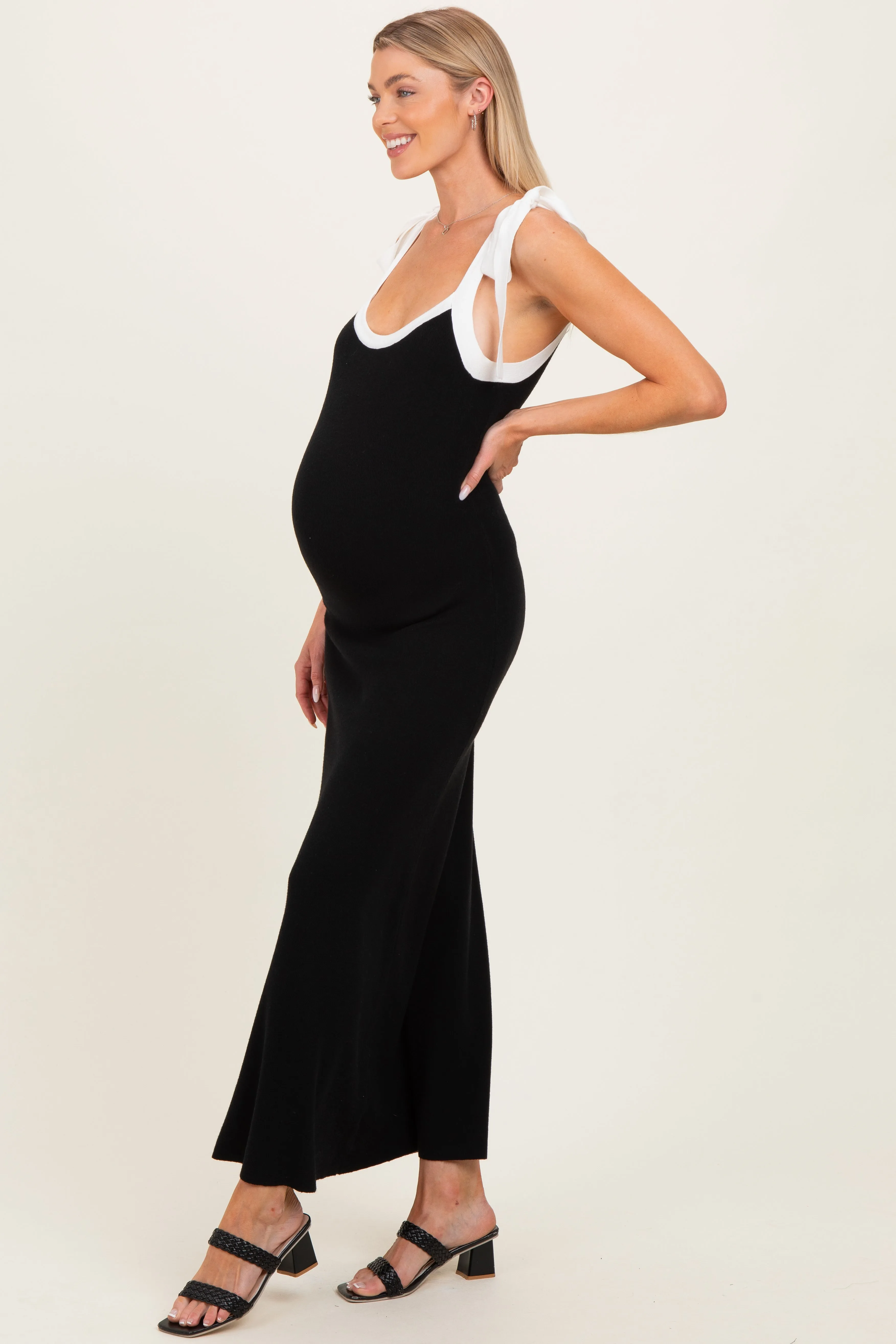 Black Knit Contrast Shoulder Tie Maternity Dress sold by Pinkblush product image thumbnail 2