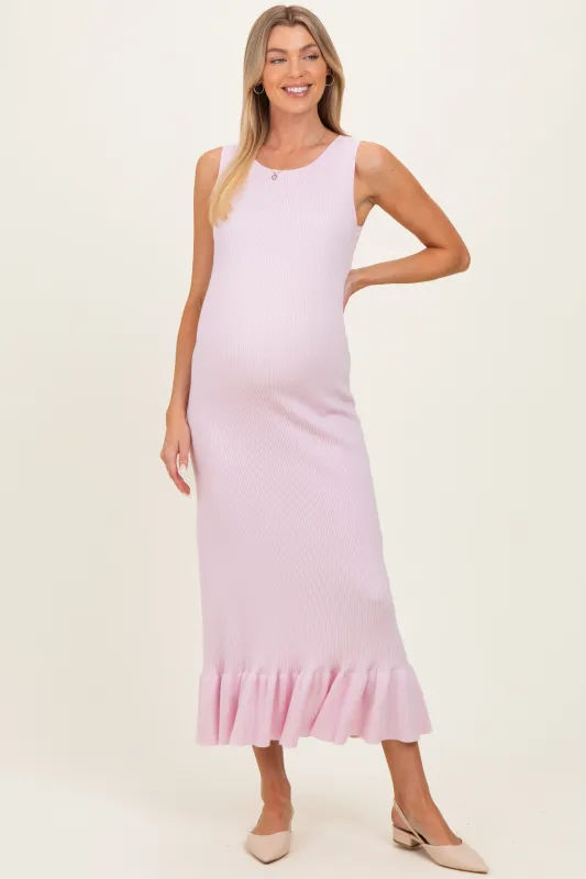 Light Pink Ribbed Knit Sleeveless Ruffle Hem Maternity Maxi Dress made by Able