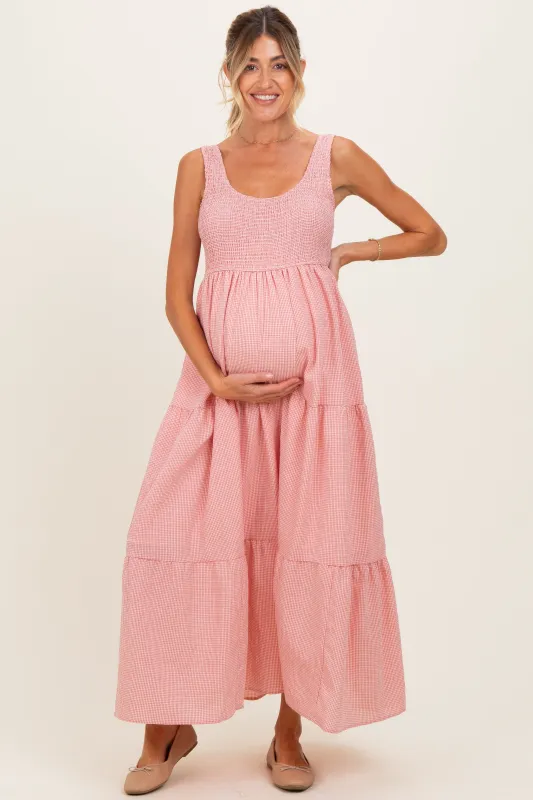 Pink Gingham Smocked Bodice Maternity Maxi Dress made by BaeVely