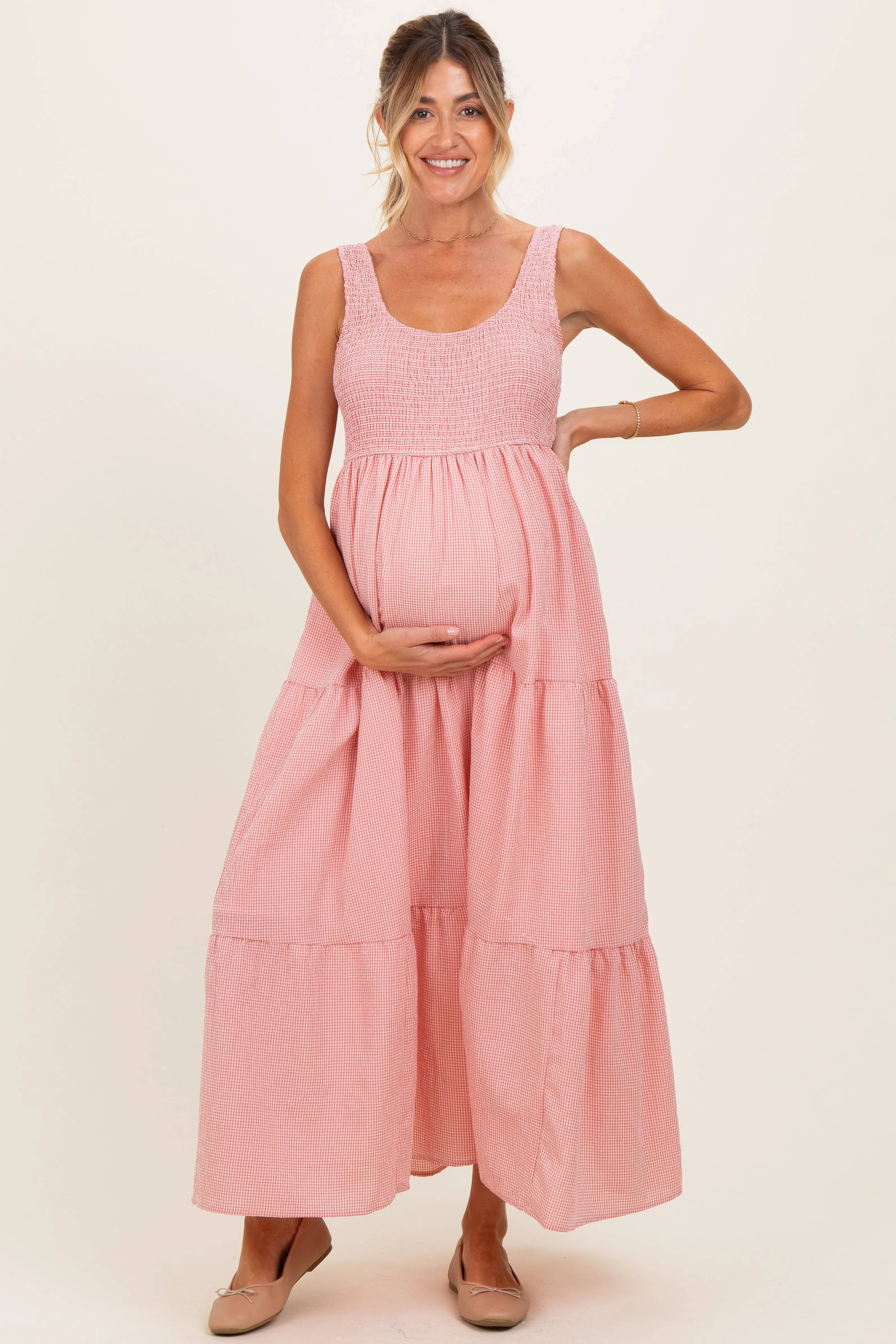 Pink Gingham Smocked Bodice Maternity Maxi Dress sold by Pinkblush