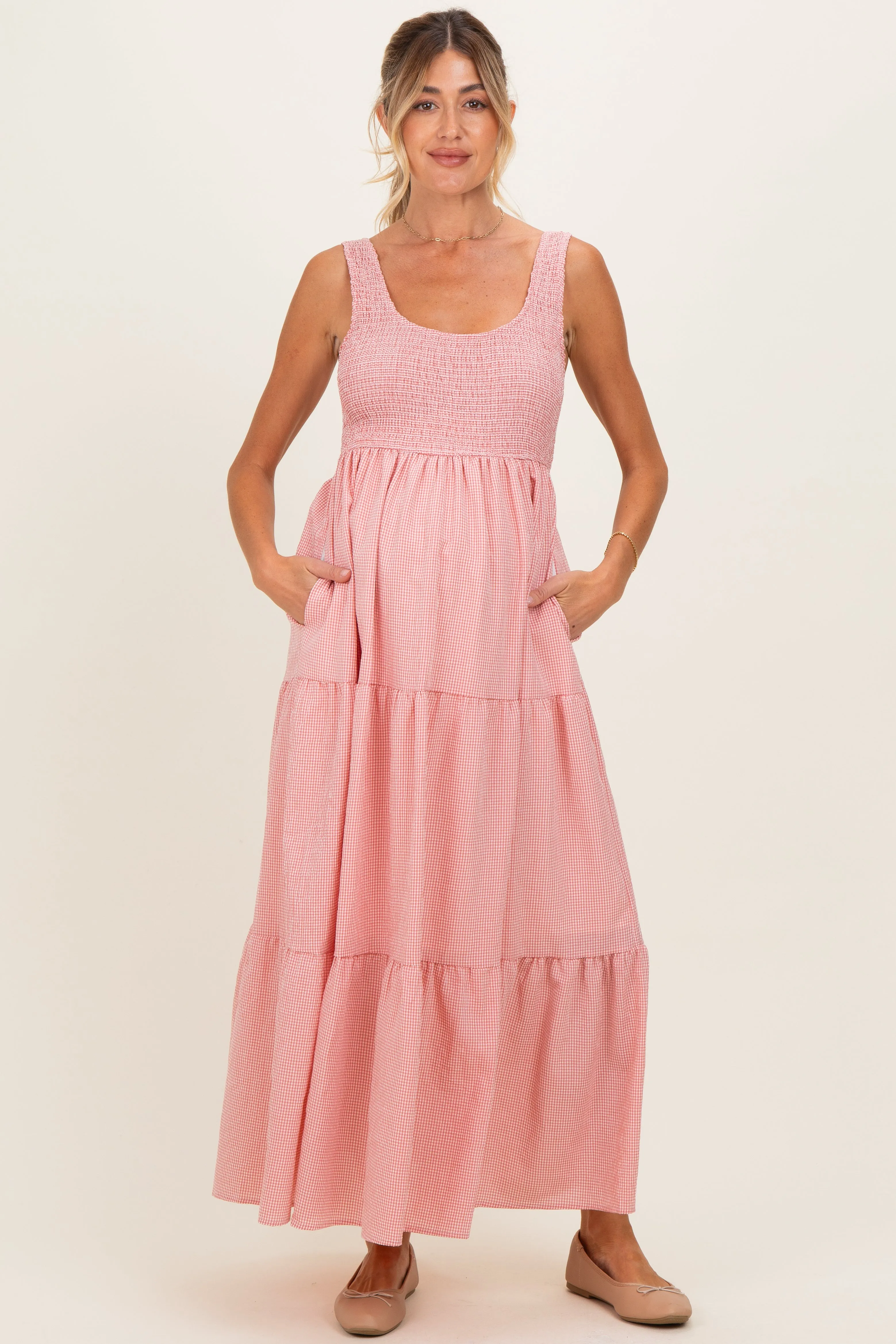 Pink Gingham Smocked Bodice Maternity Maxi Dress sold by Pinkblush product image thumbnail 2