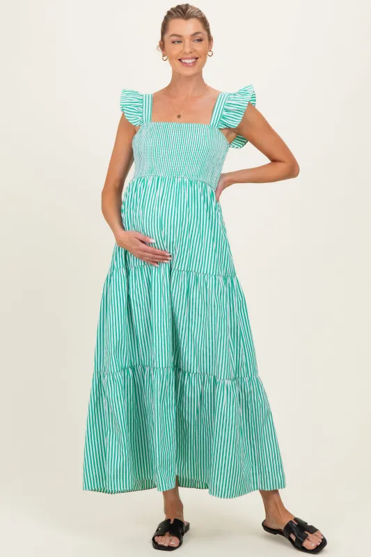 Green Striped Ruffle Strap Smocked Maternity Maxi Dress made by She and Sky