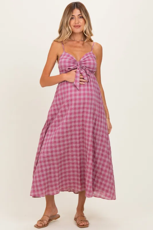 Pink Plaid Front Tie Sleeveless Maternity Maxi Dress made by En Creme