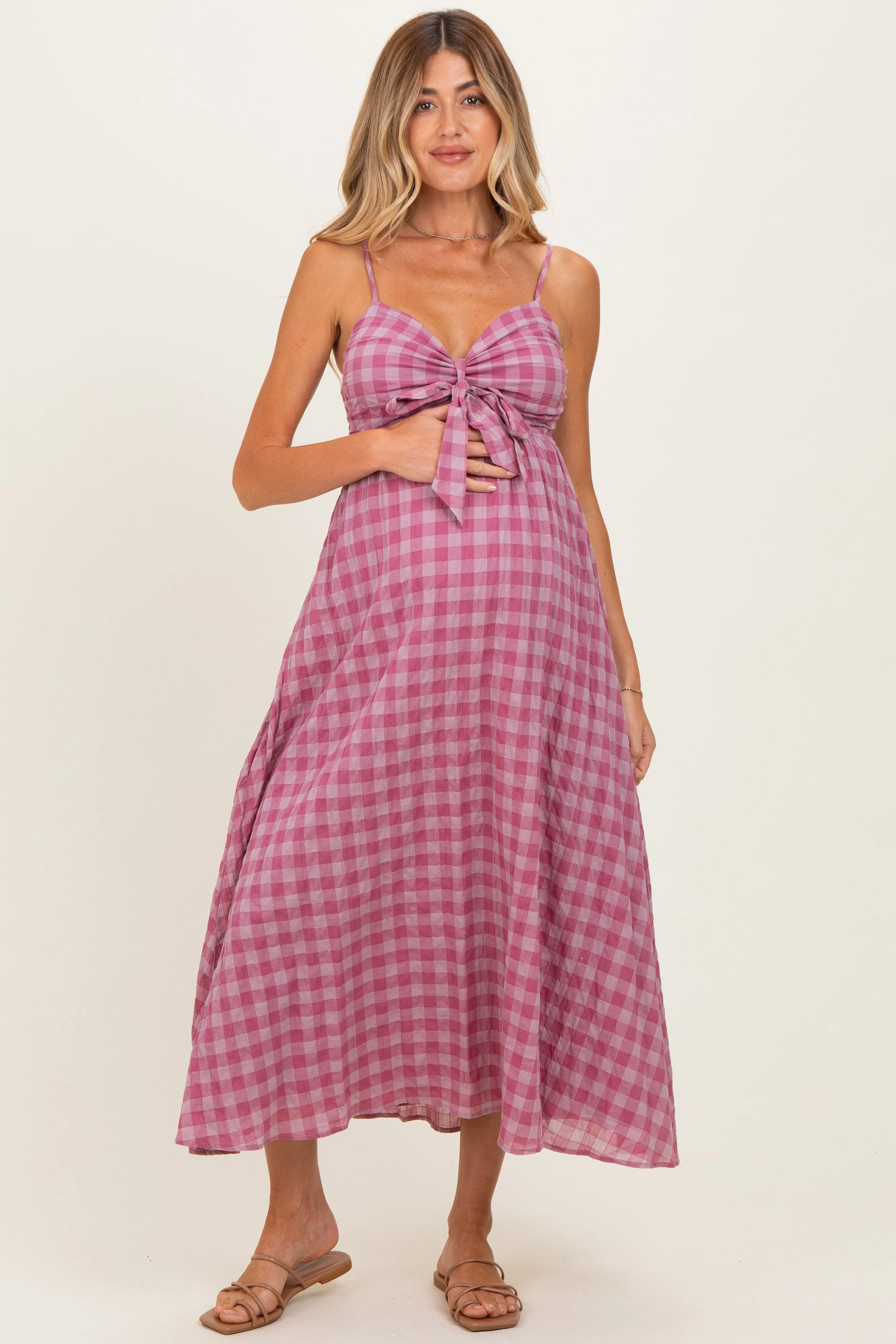 Pink Plaid Front Tie Sleeveless Maternity Maxi Dress sold by Pinkblush