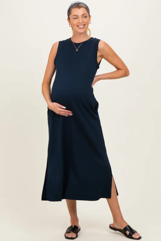 Navy Sleeveless Maternity Midi Dress made by entro