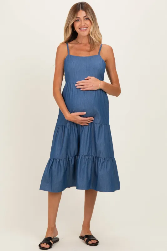 Dark Blue Tiered Sleeveless Maternity Midi Dress made by Final Touch