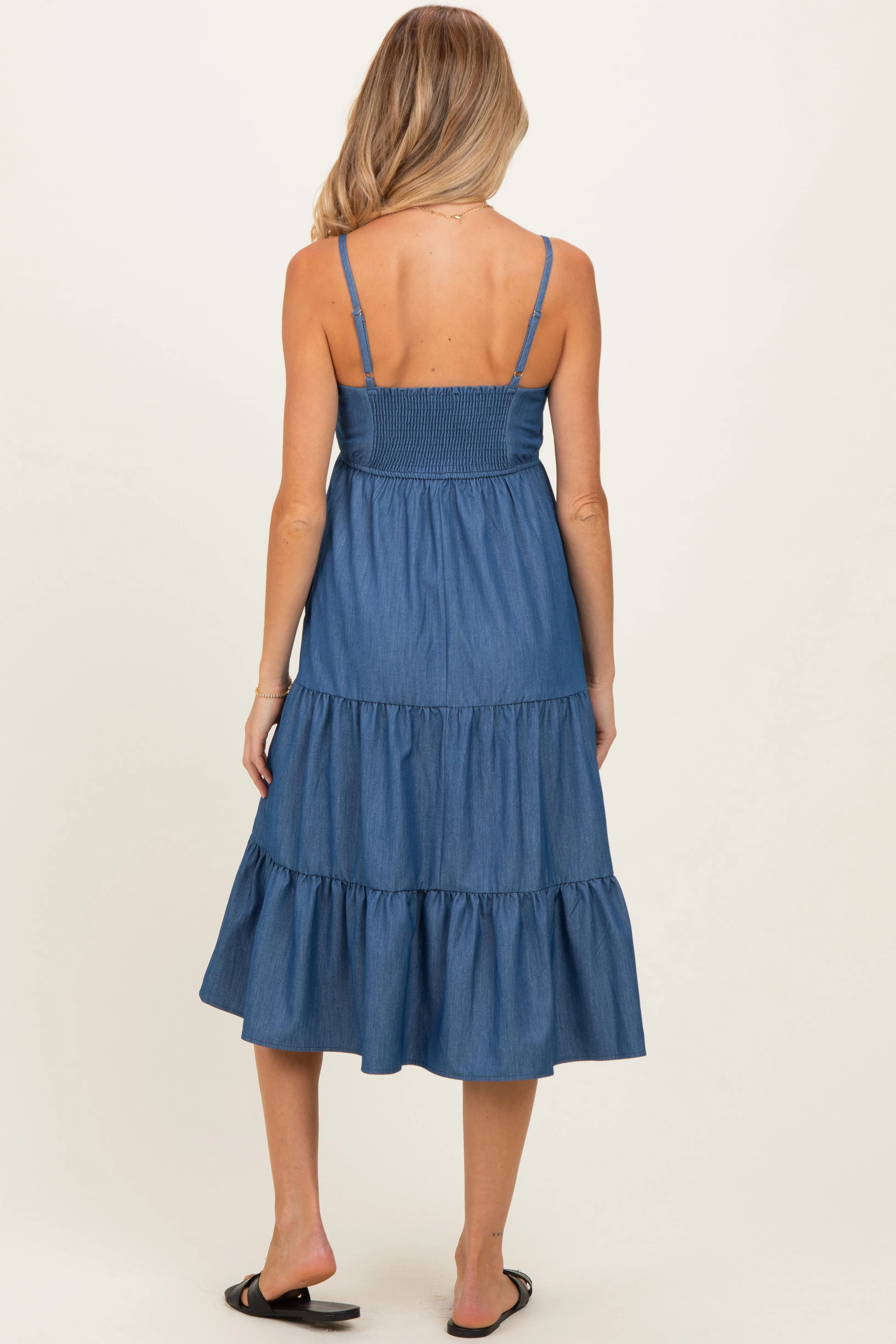 Dark Blue Tiered Sleeveless Maternity Midi Dress sold by Pinkblush product image thumbnail 3