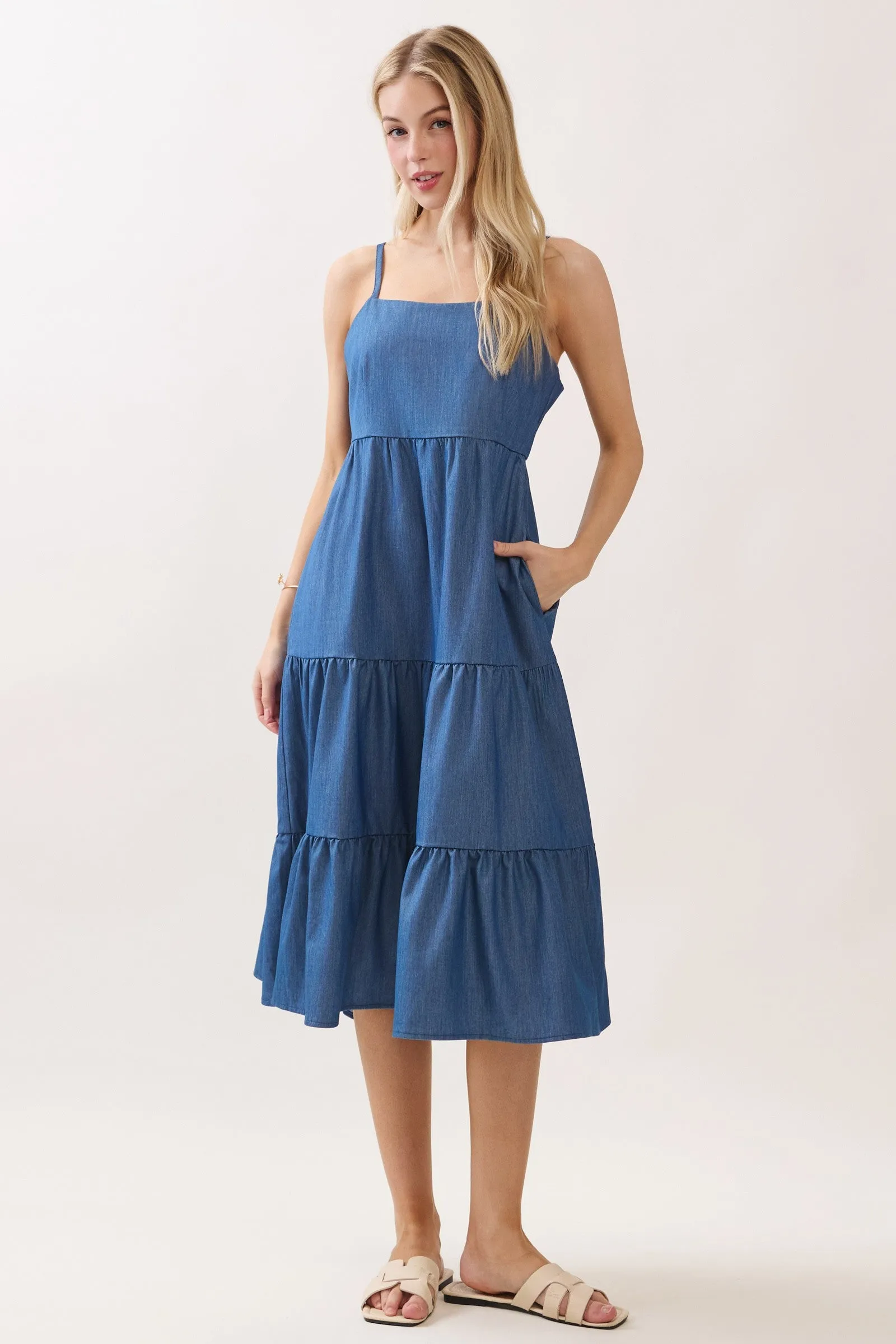 Dark Blue Tiered Sleeveless Maternity Midi Dress sold by Pinkblush product image thumbnail 4