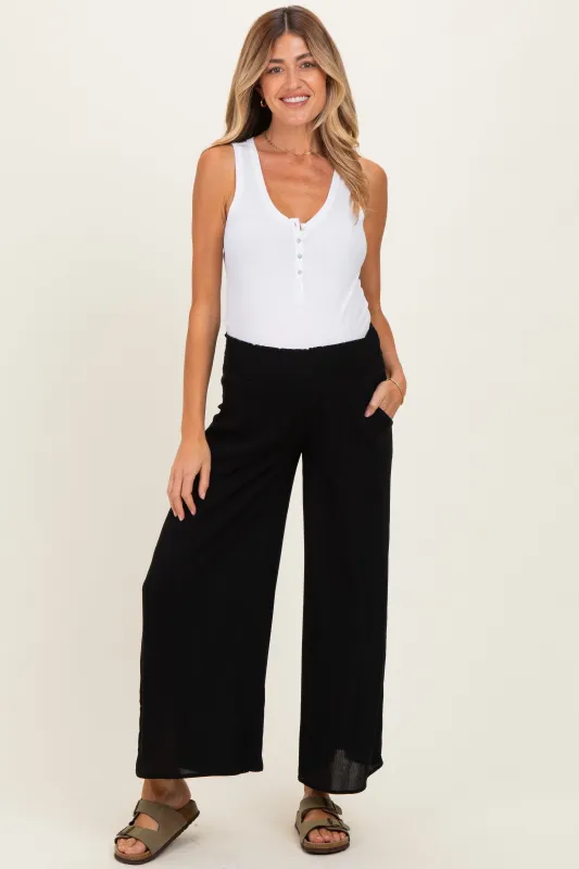 Black Smocked Waist Ankle Wide Leg Maternity Pants made by Final Touch