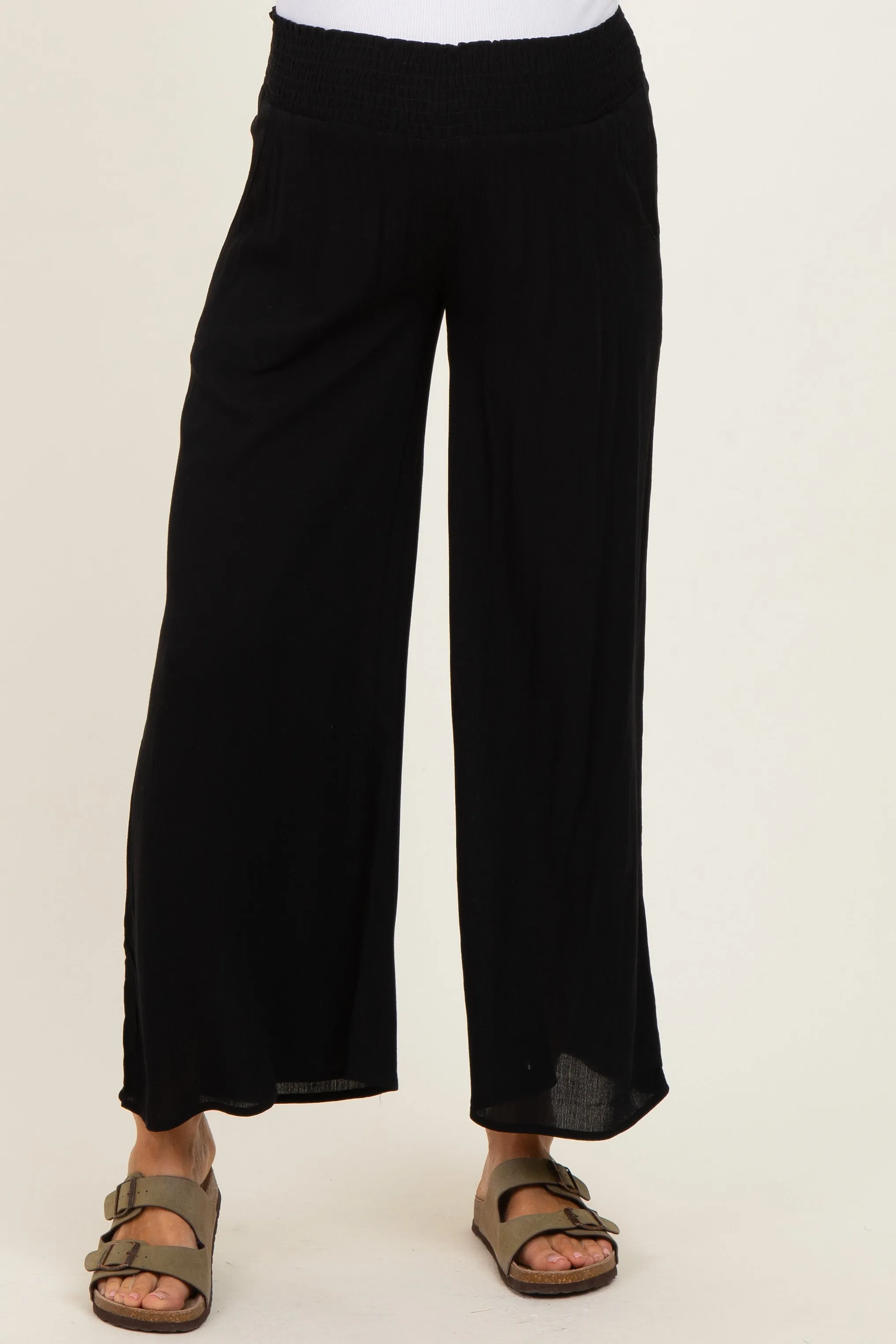 Black Smocked Waist Ankle Wide Leg Maternity Pants sold by Pinkblush product image thumbnail 2