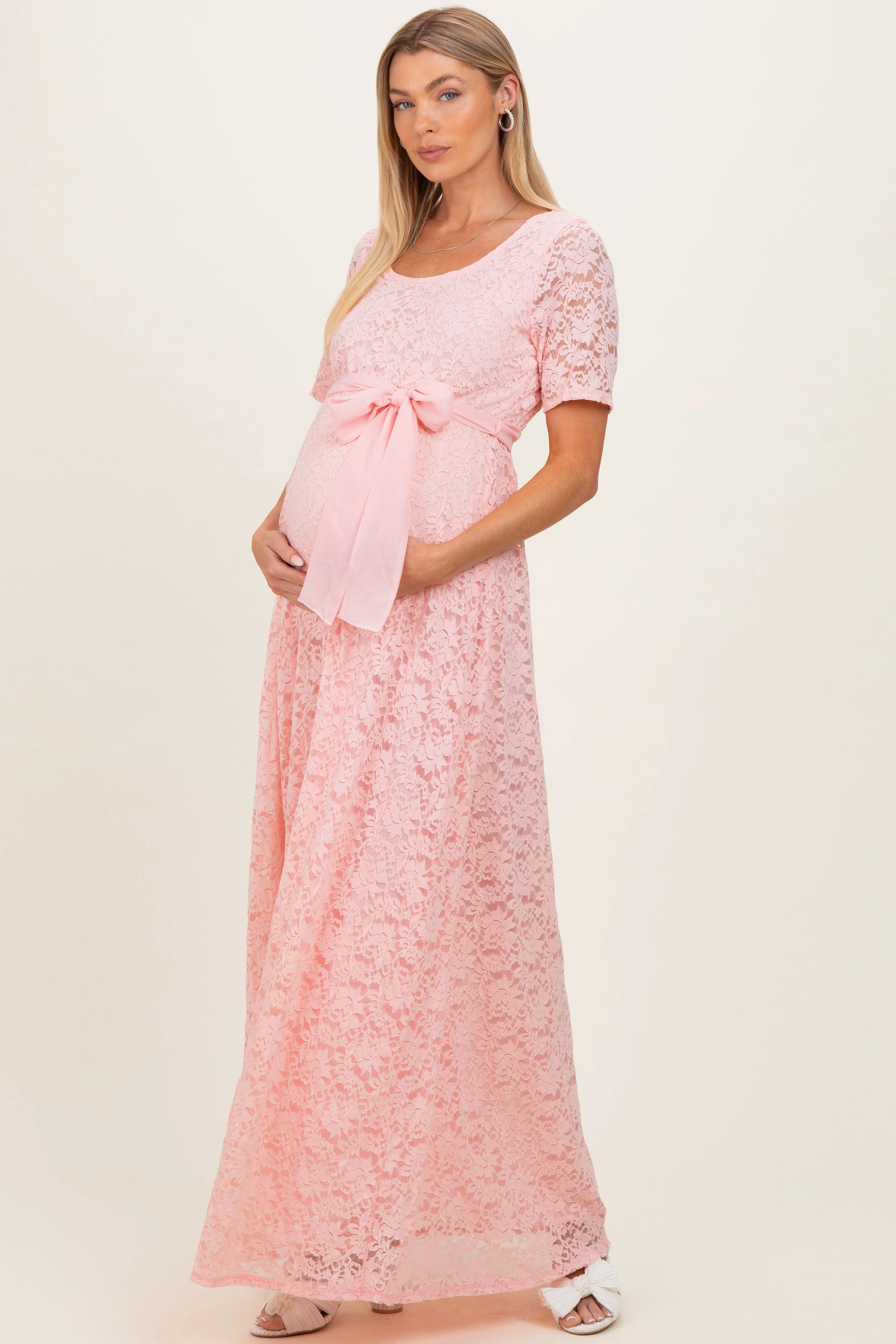 Light Pink Lace Sash Tie Maternity Gown sold by Pinkblush product image thumbnail 2