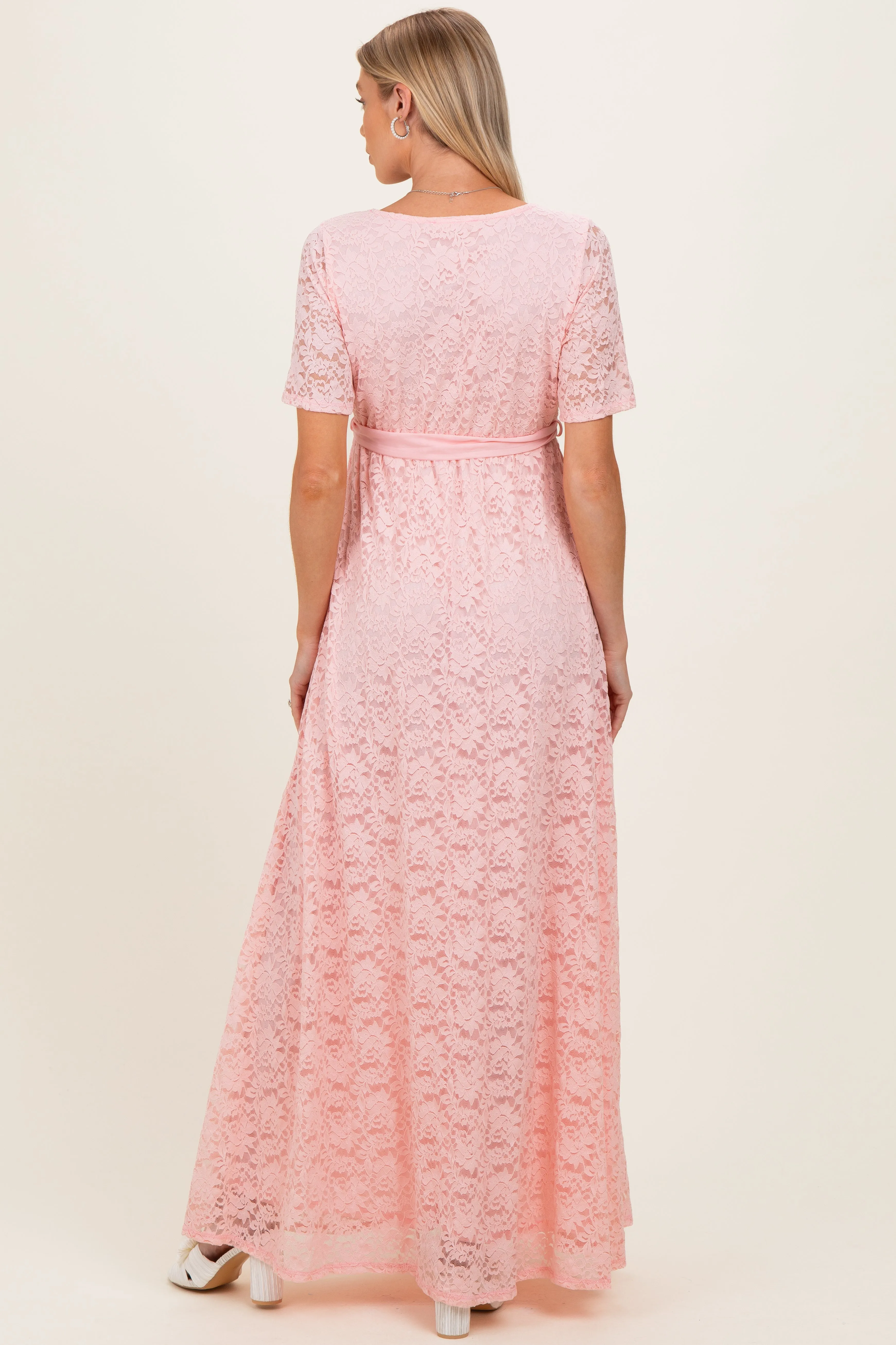 Light Pink Lace Sash Tie Maternity Gown sold by Pinkblush product image thumbnail 3