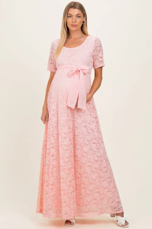 Light Pink Lace Sash Tie Maternity Gown made by Pinkblush