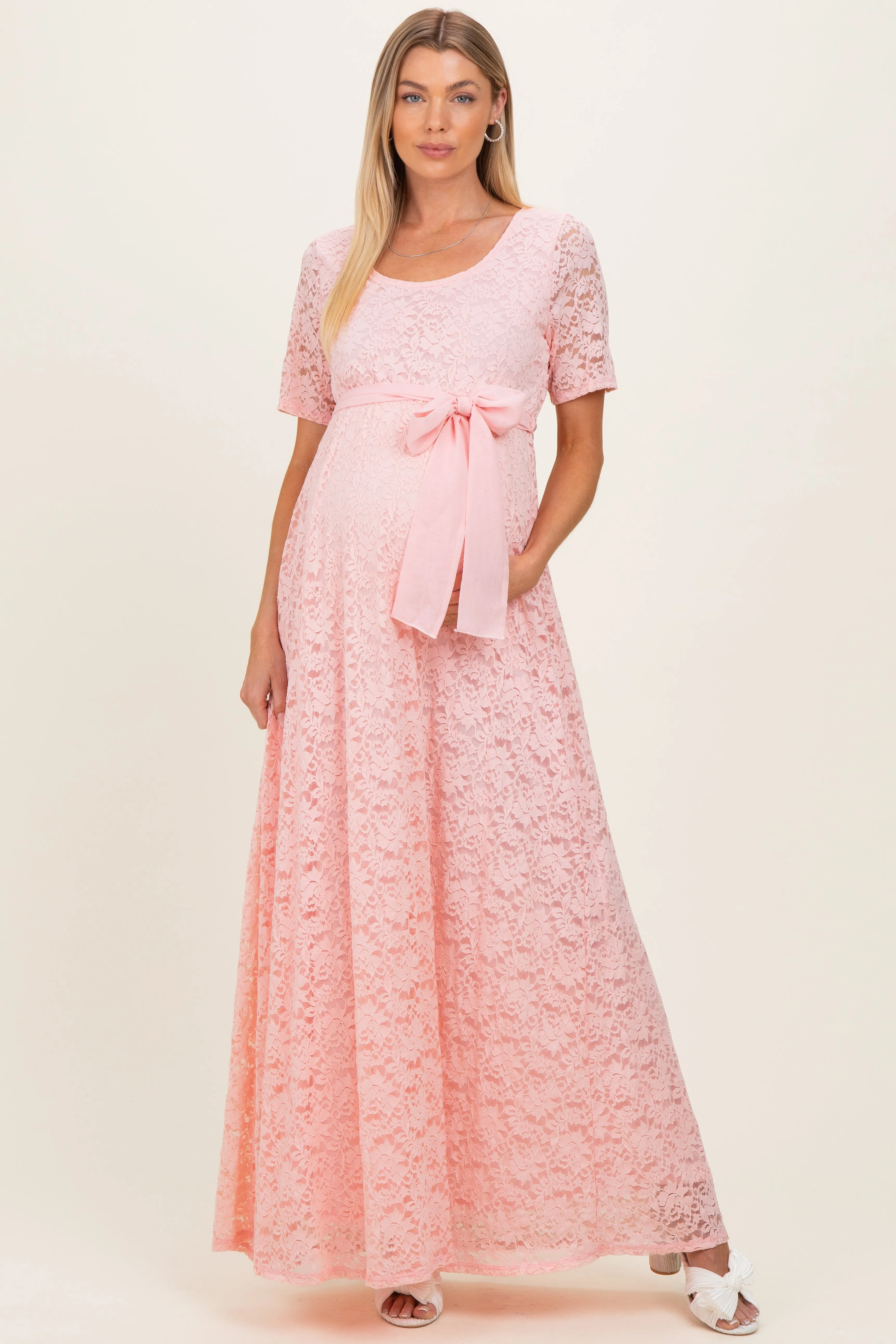 Light Pink Lace Sash Tie Maternity Gown sold by Pinkblush