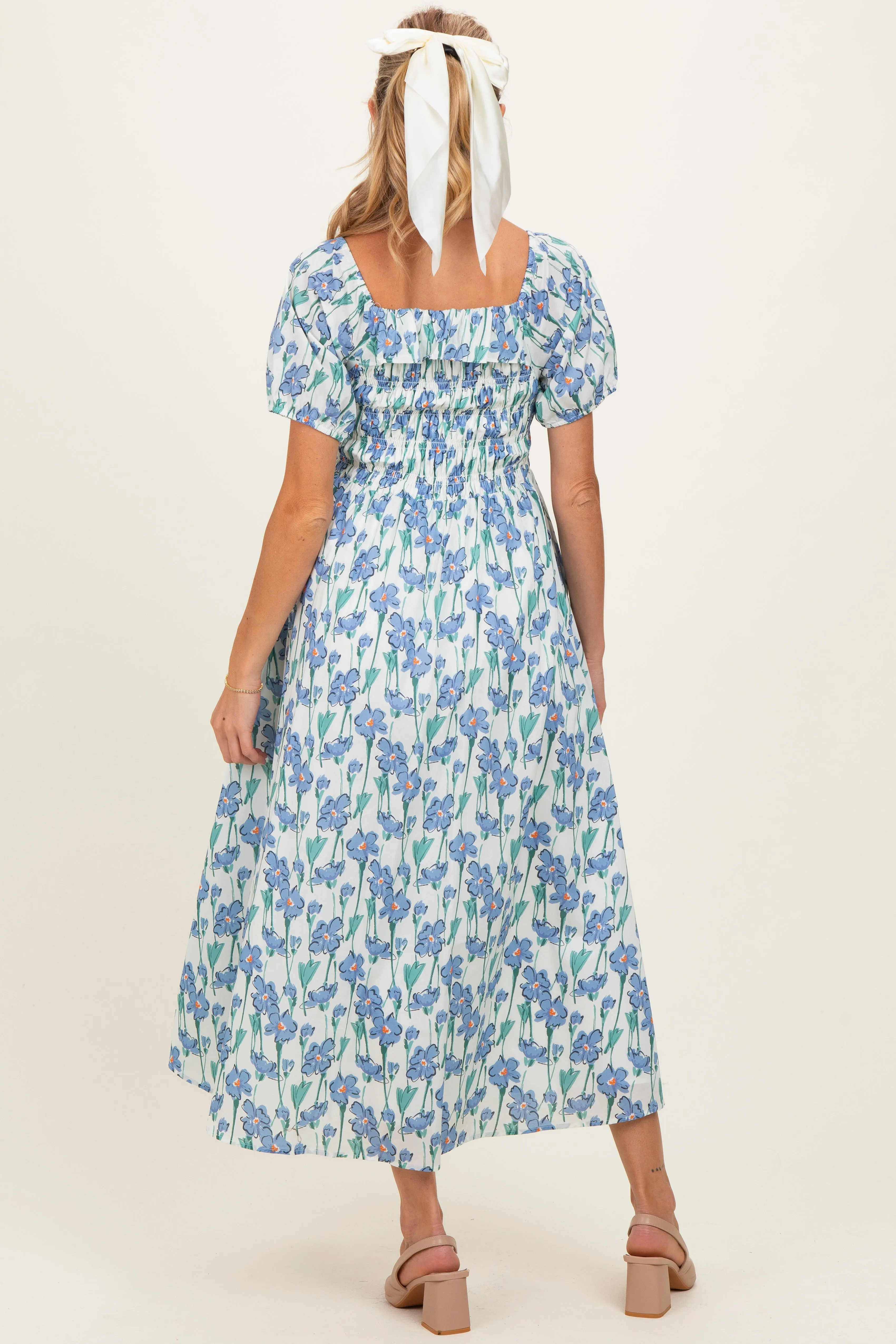 Blue Floral Smocked Ruffle Accent Maternity Midi Dress sold by Pinkblush product image thumbnail 3