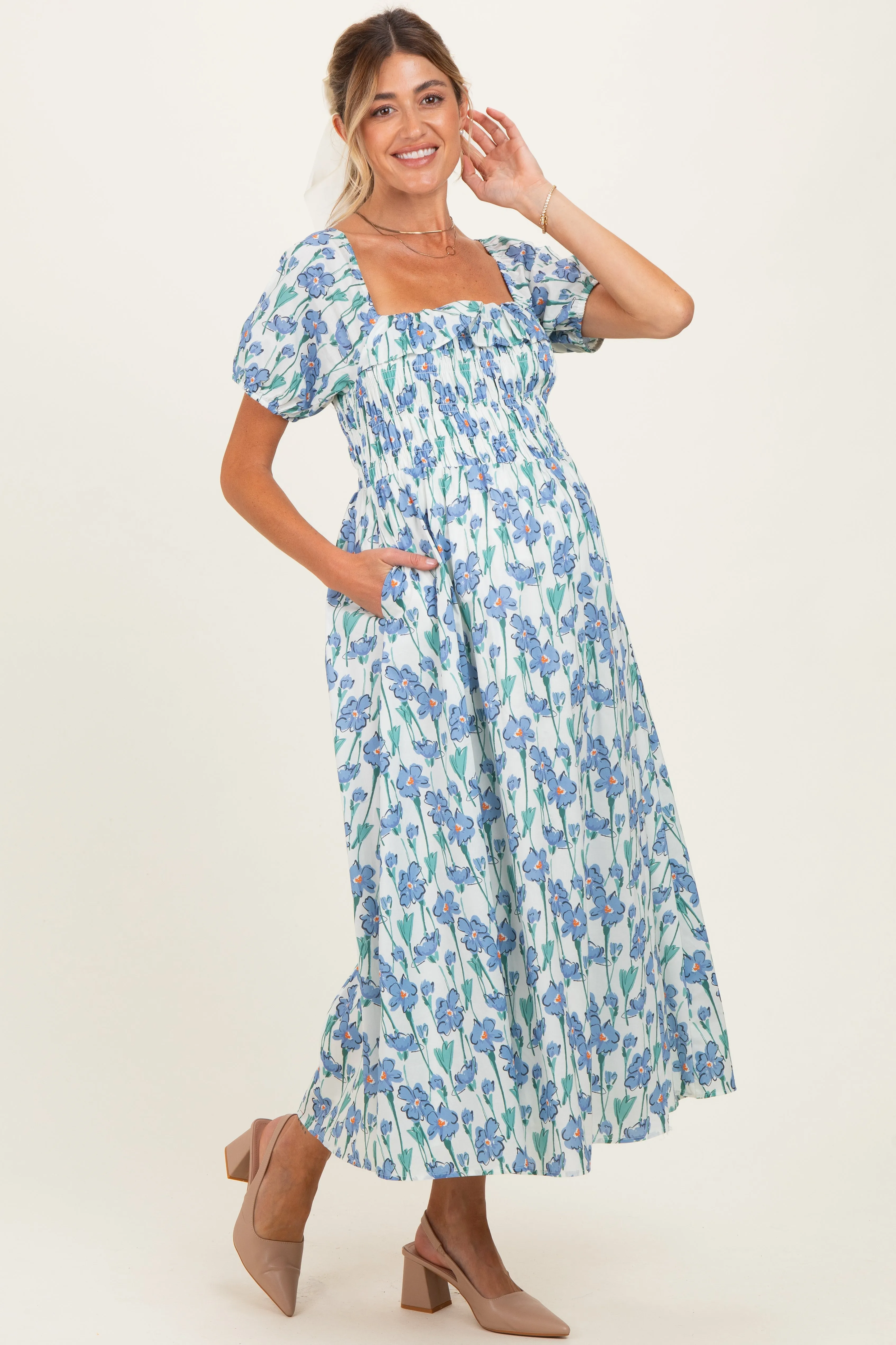 Blue Floral Smocked Ruffle Accent Maternity Midi Dress sold by Pinkblush product image thumbnail 2
