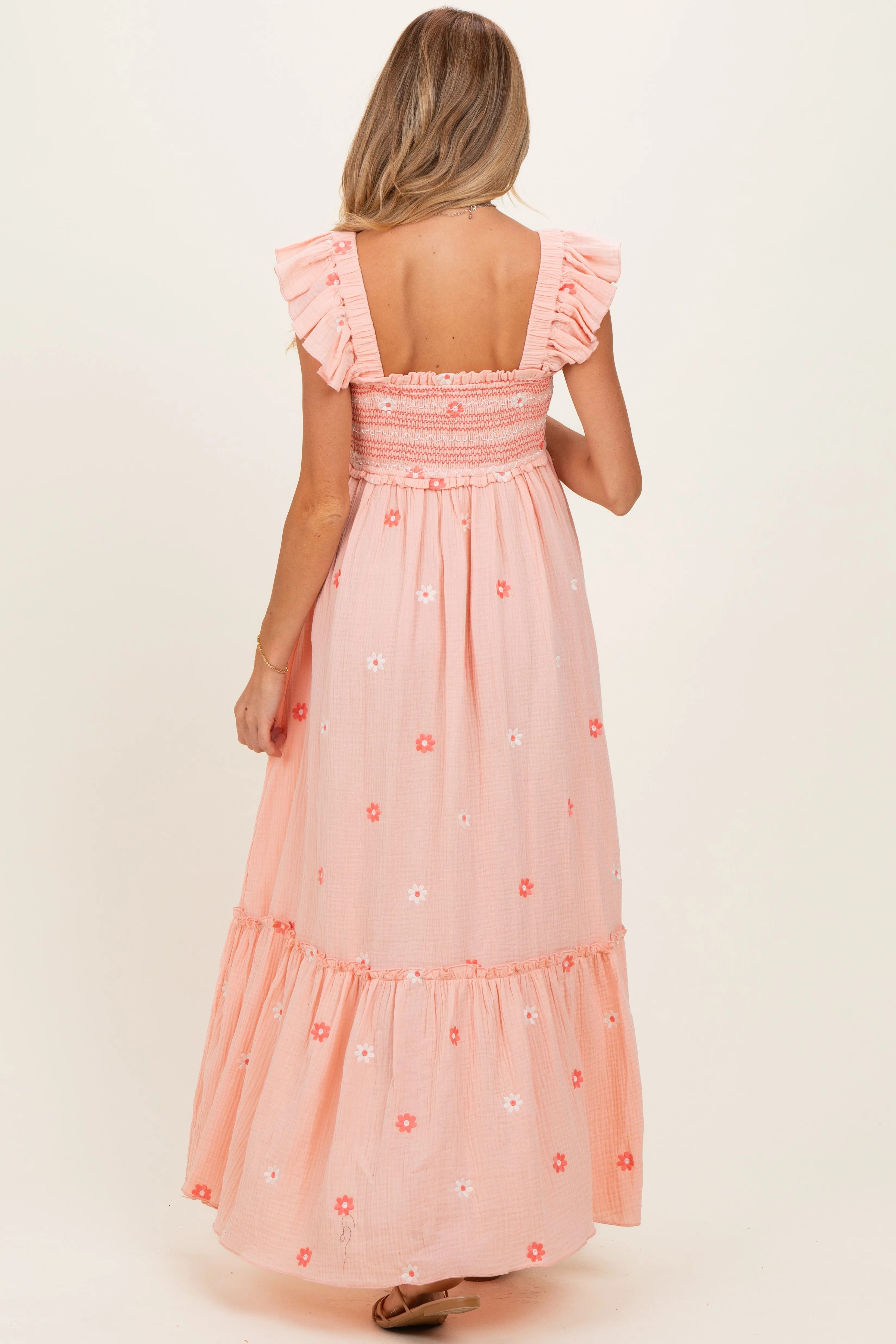 Peach Floral Embroidered Smocked Maternity Maxi Dress sold by Pinkblush product image thumbnail 3