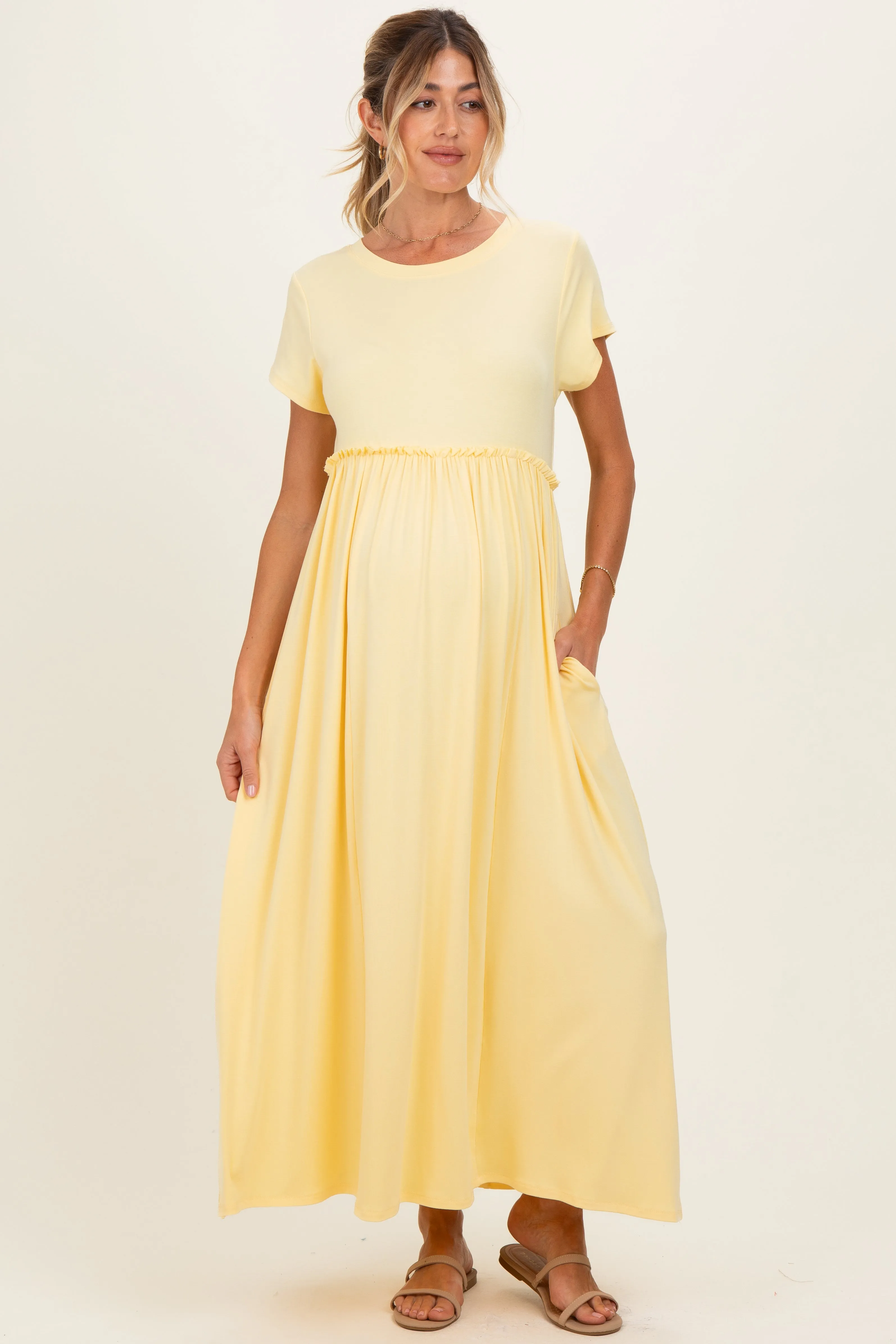 Soft Lemon Ruffle Trim Maternity Maxi Dress sold by Pinkblush