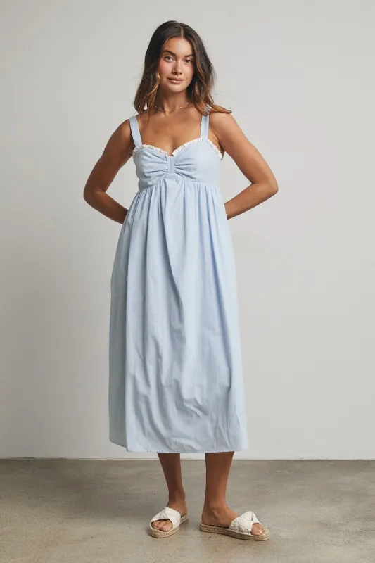 Blue Ruffle Trim Sweetheart Neckline Midi Dress made by Wishlist