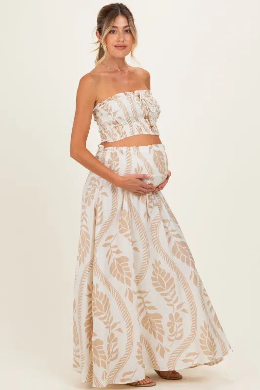 Beige Leaf Print Smocked Crop Top Maxi Skirt Maternity Set made by Aakaa