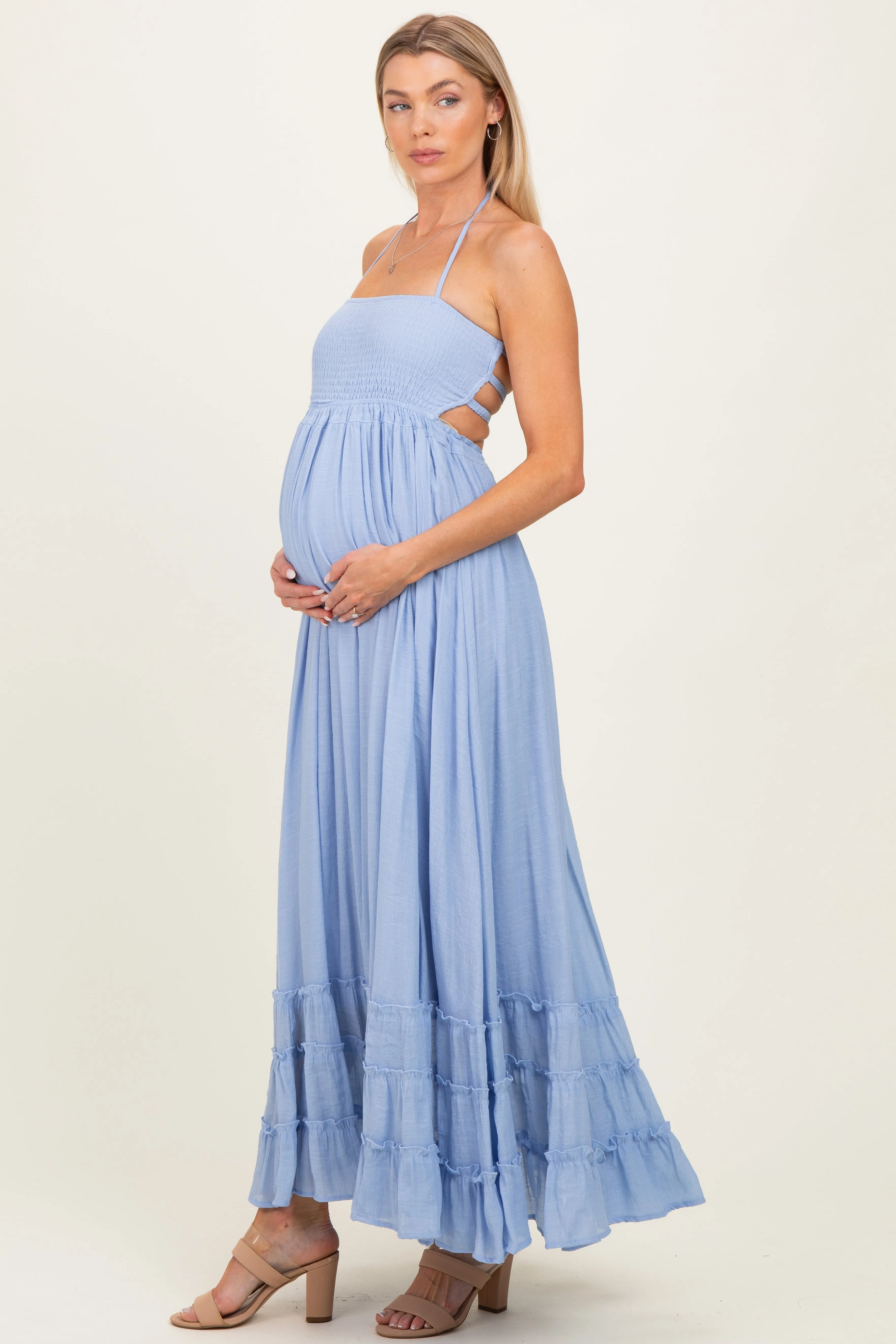 Powder Blue Smocked Halter Open Back Maternity Maxi Dress sold by Pinkblush product image thumbnail 2