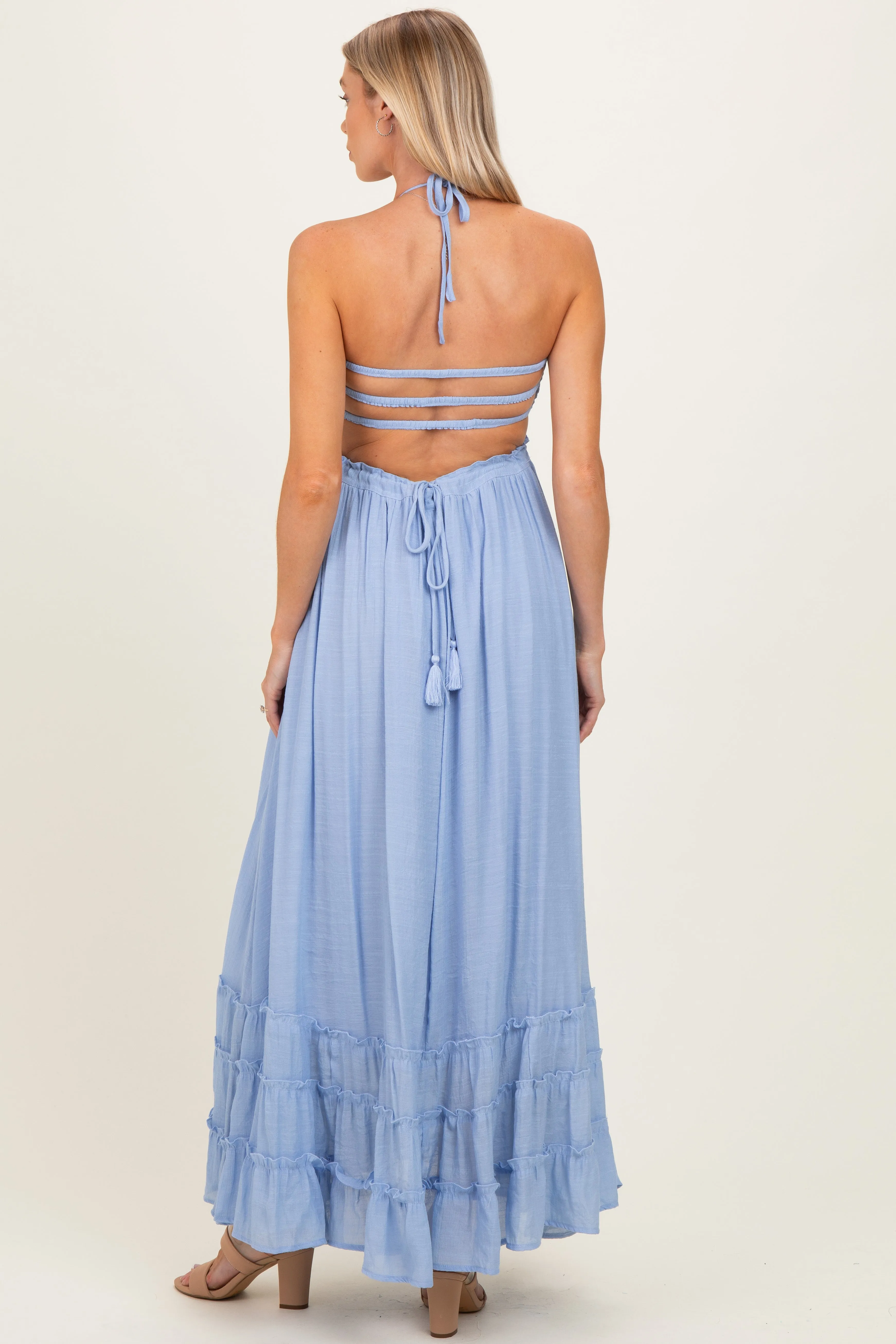 Powder Blue Smocked Halter Open Back Maternity Maxi Dress sold by Pinkblush product image thumbnail 3