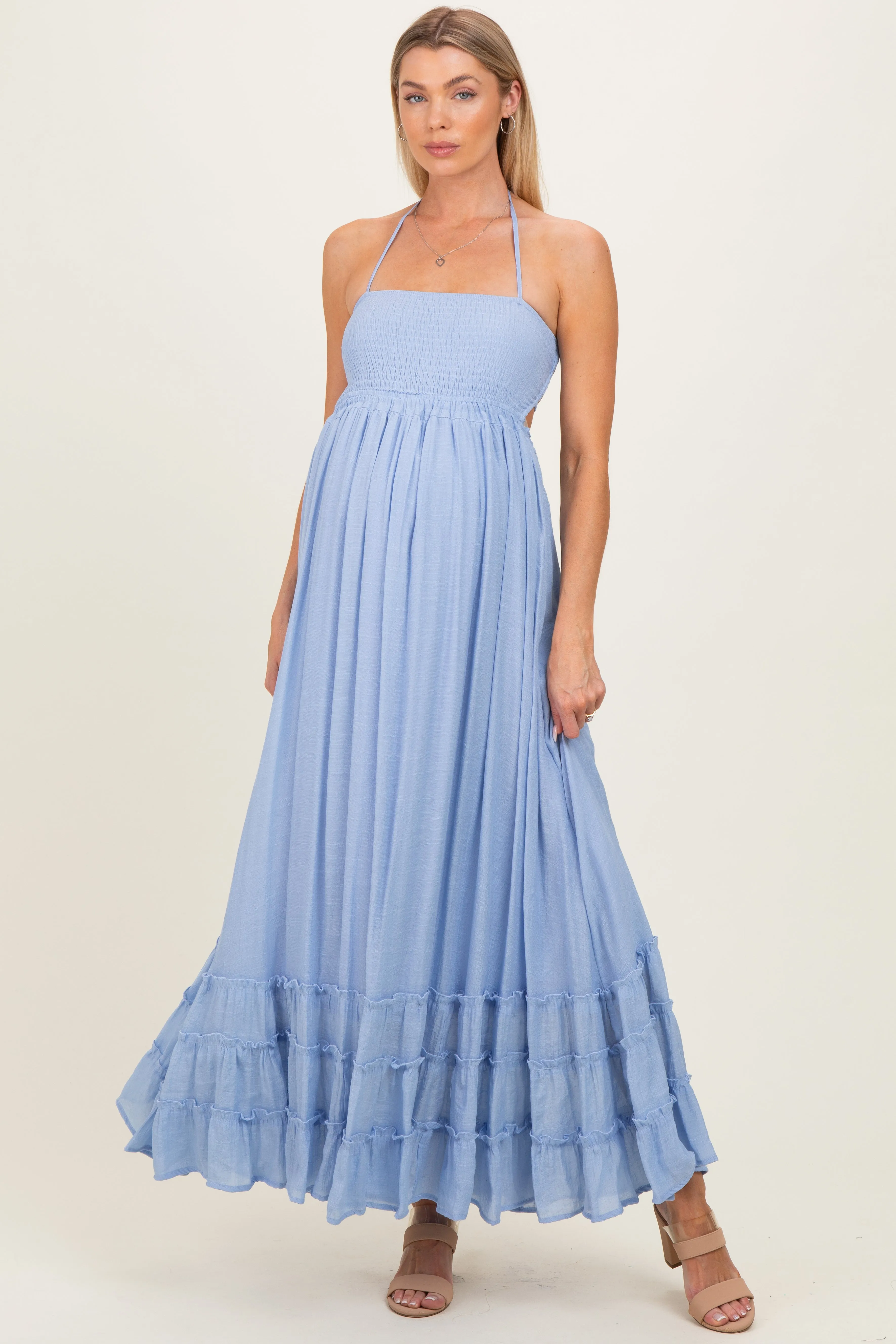 Powder Blue Smocked Halter Open Back Maternity Maxi Dress sold by Pinkblush