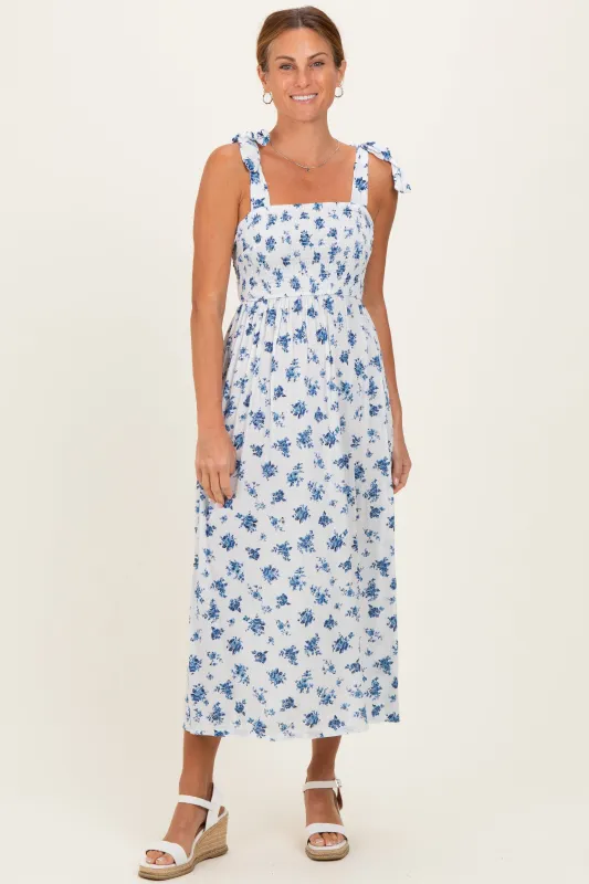 Ivory Smocked Bodice Tie Straps Floral Print Maxi Dress made by Angie