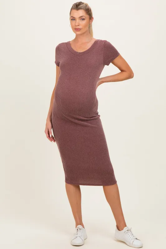 Red Brown Ribbed Short Sleeve Maternity Midi Dress made by Hello MIZ