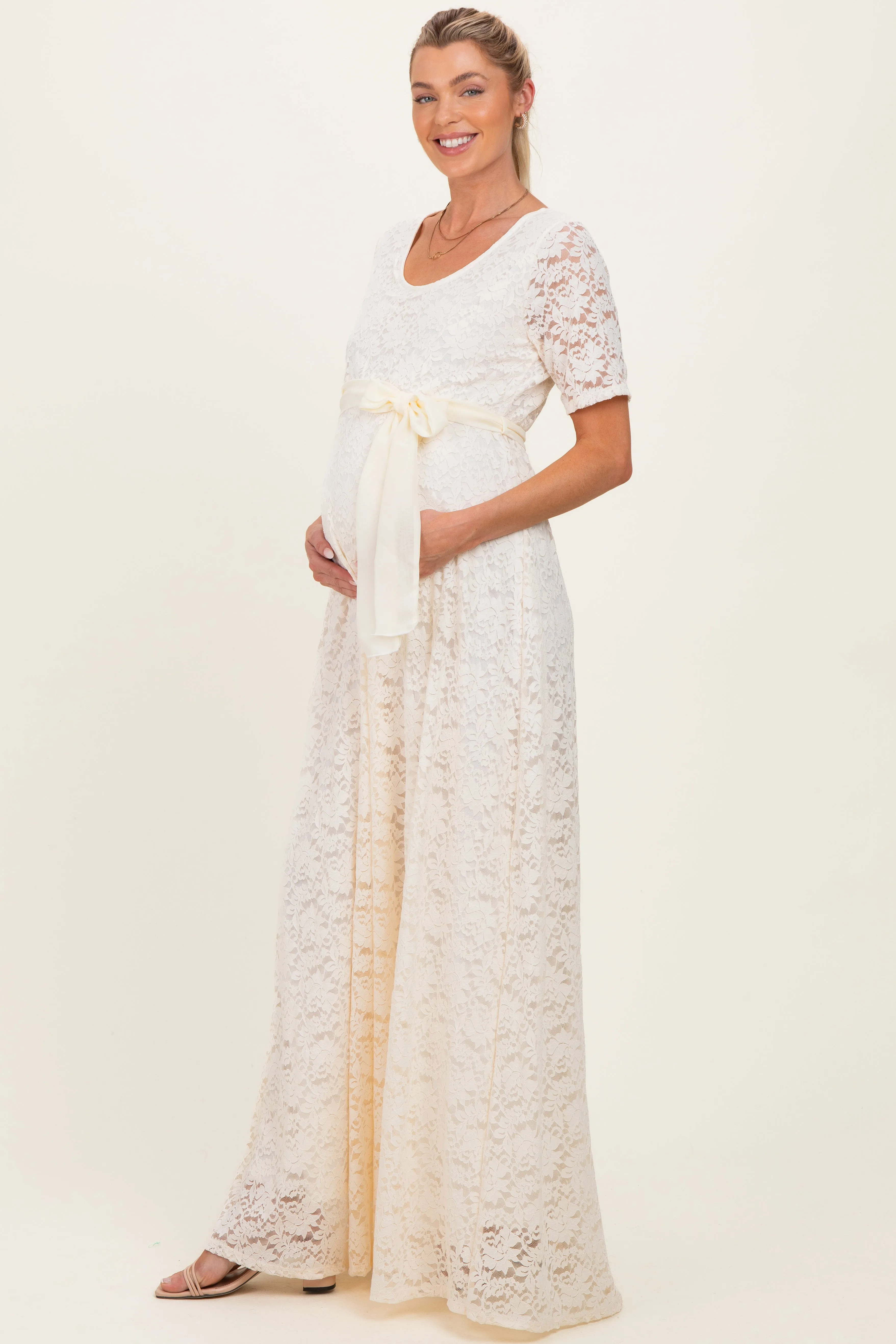 Ivory Lace Sash Tie Maternity Gown sold by Pinkblush product image thumbnail 2