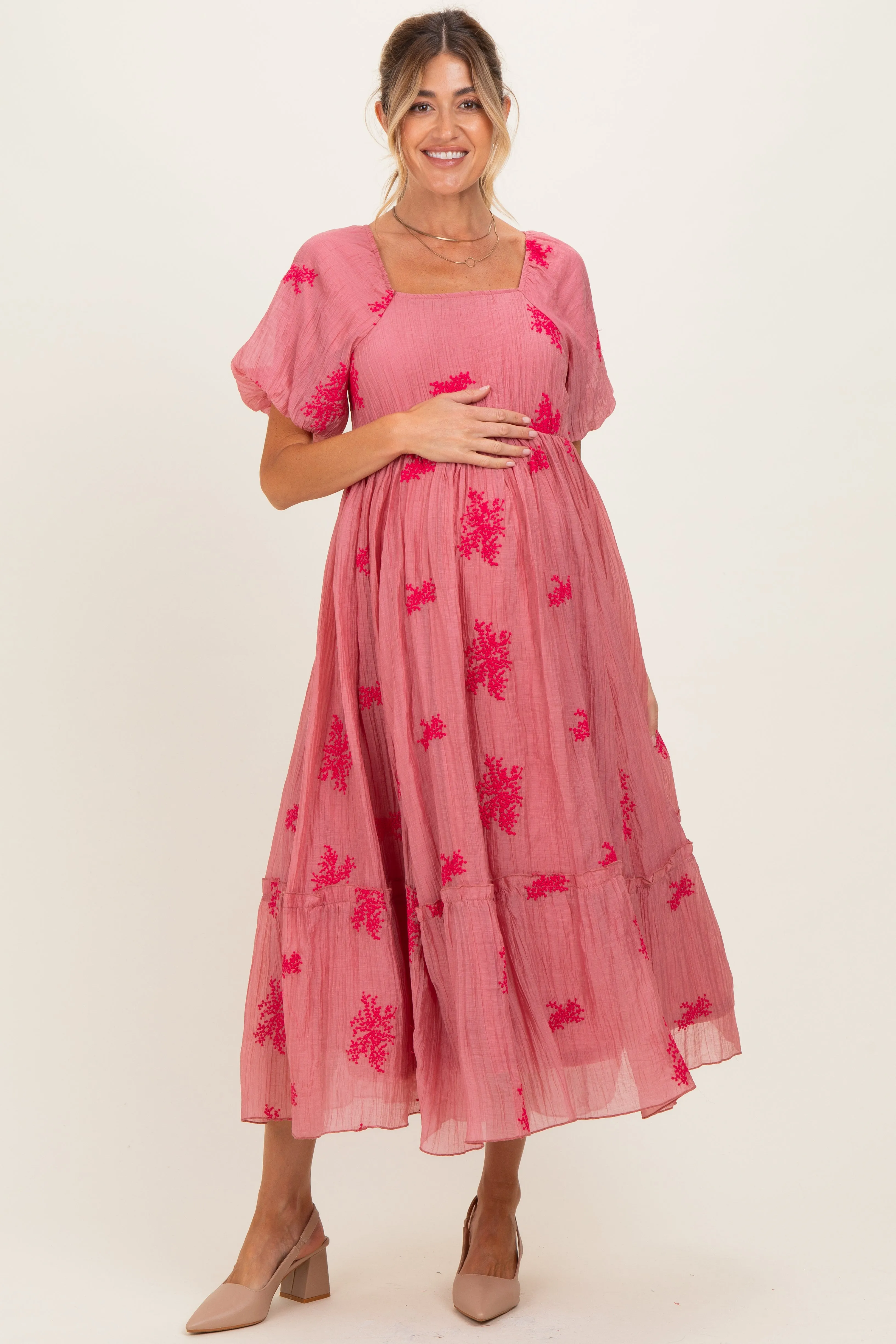 Pink Floral Print Ruffle Hem Maternity Midi Dress sold by Pinkblush