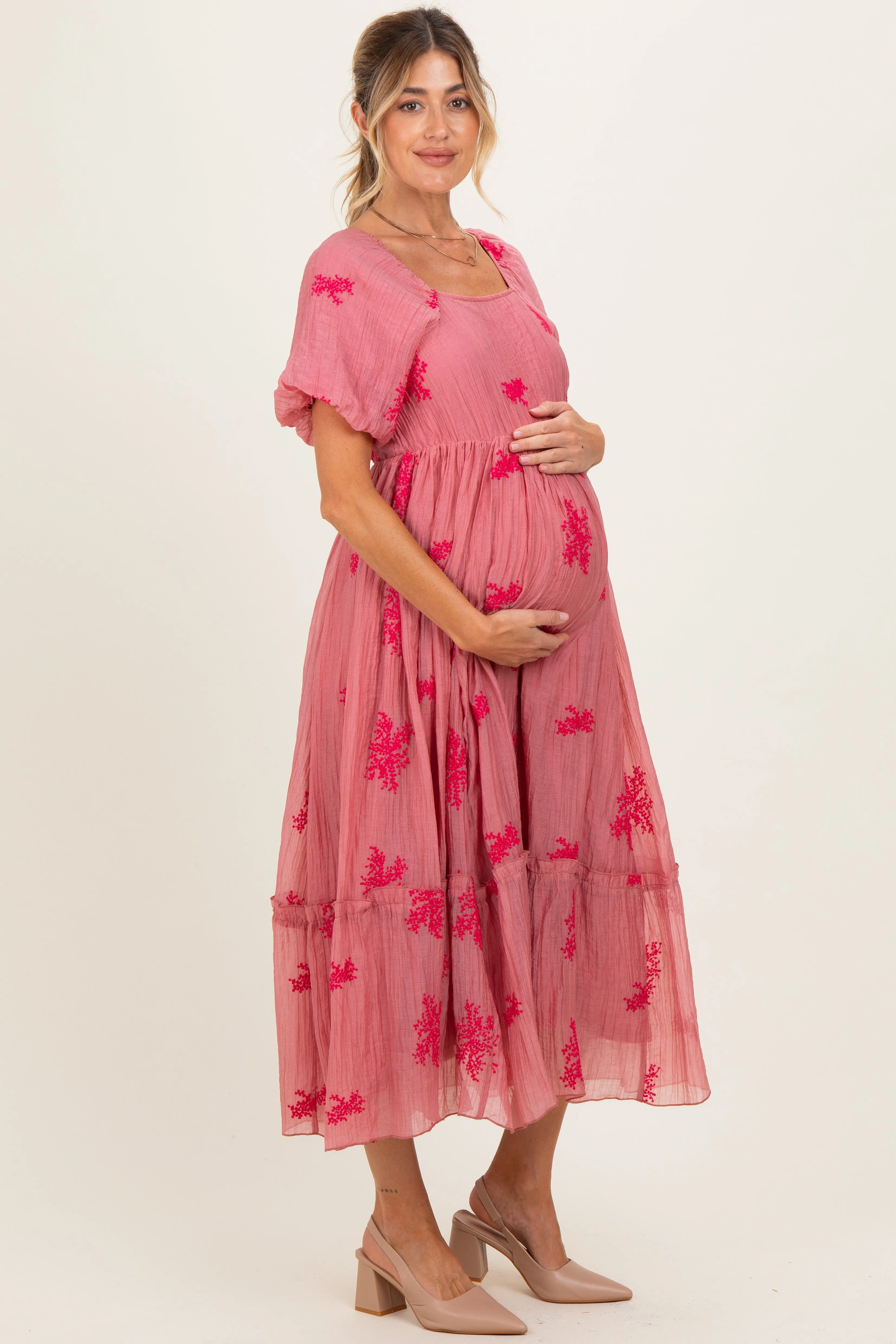 Pink Floral Print Ruffle Hem Maternity Midi Dress sold by Pinkblush product image thumbnail 2