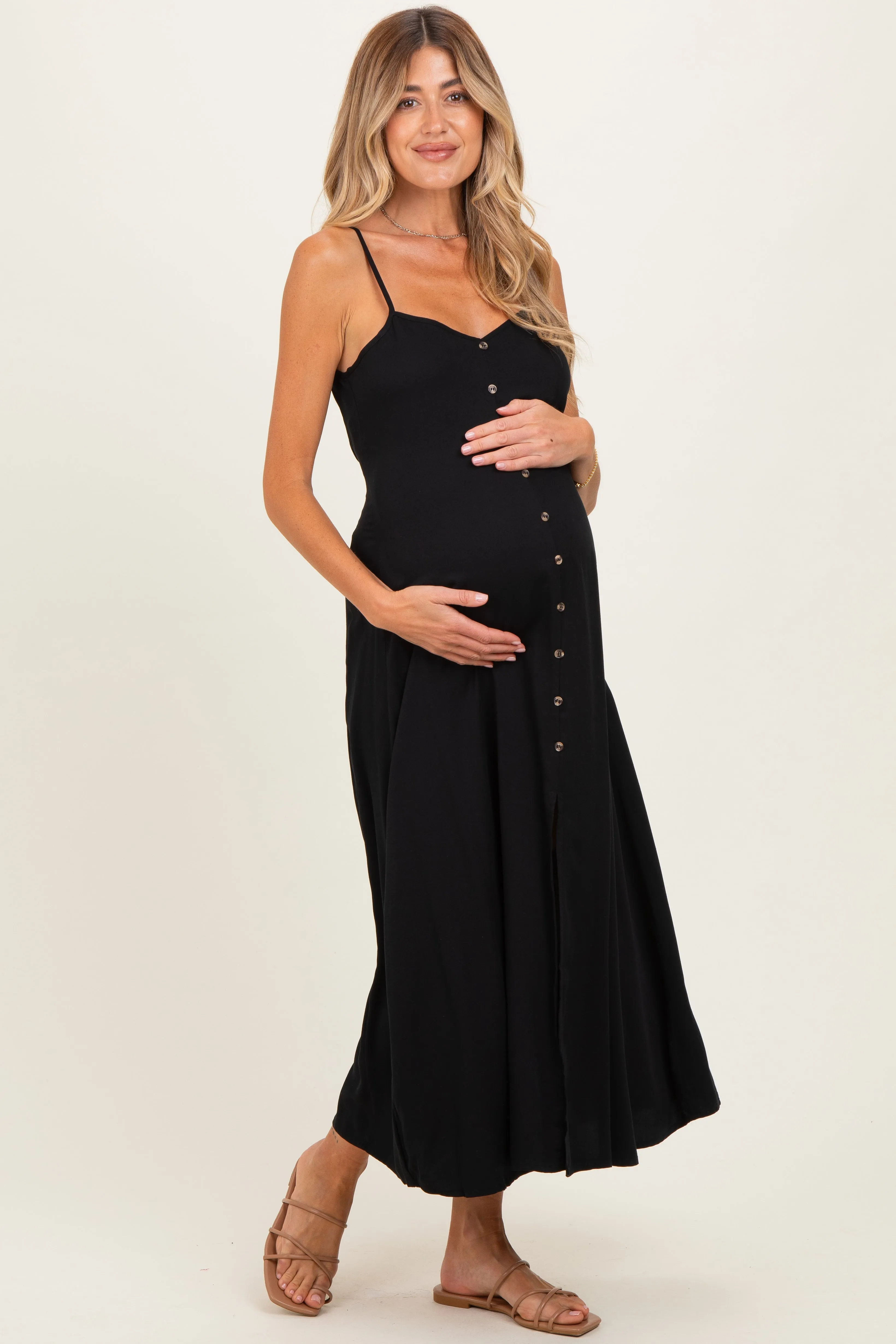 Black Button Accent Maternity Midi Dress sold by Pinkblush product image thumbnail 2