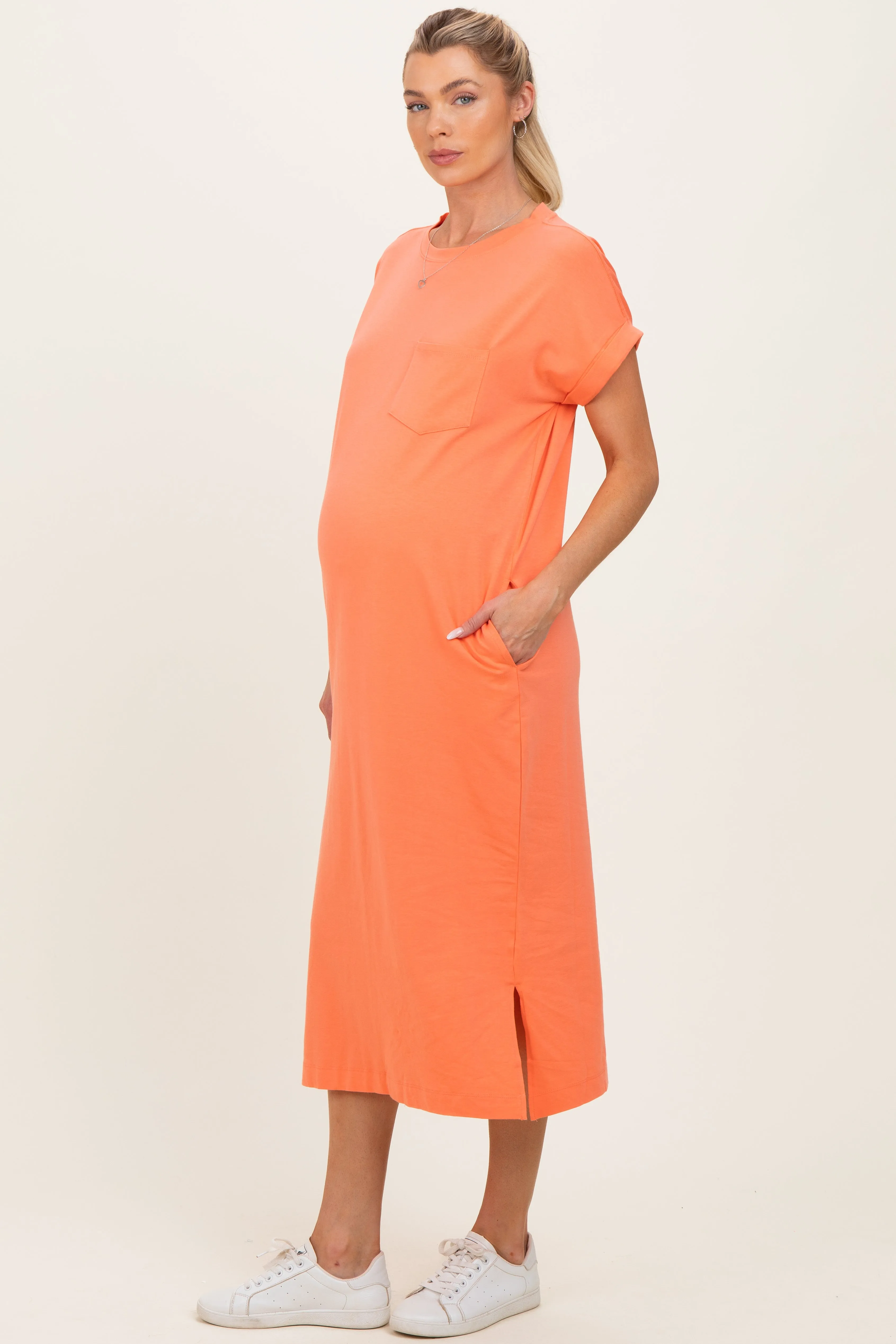 Peach Coral Pocket Front Maternity Midi T-Shirt Dress sold by Pinkblush product image thumbnail 2