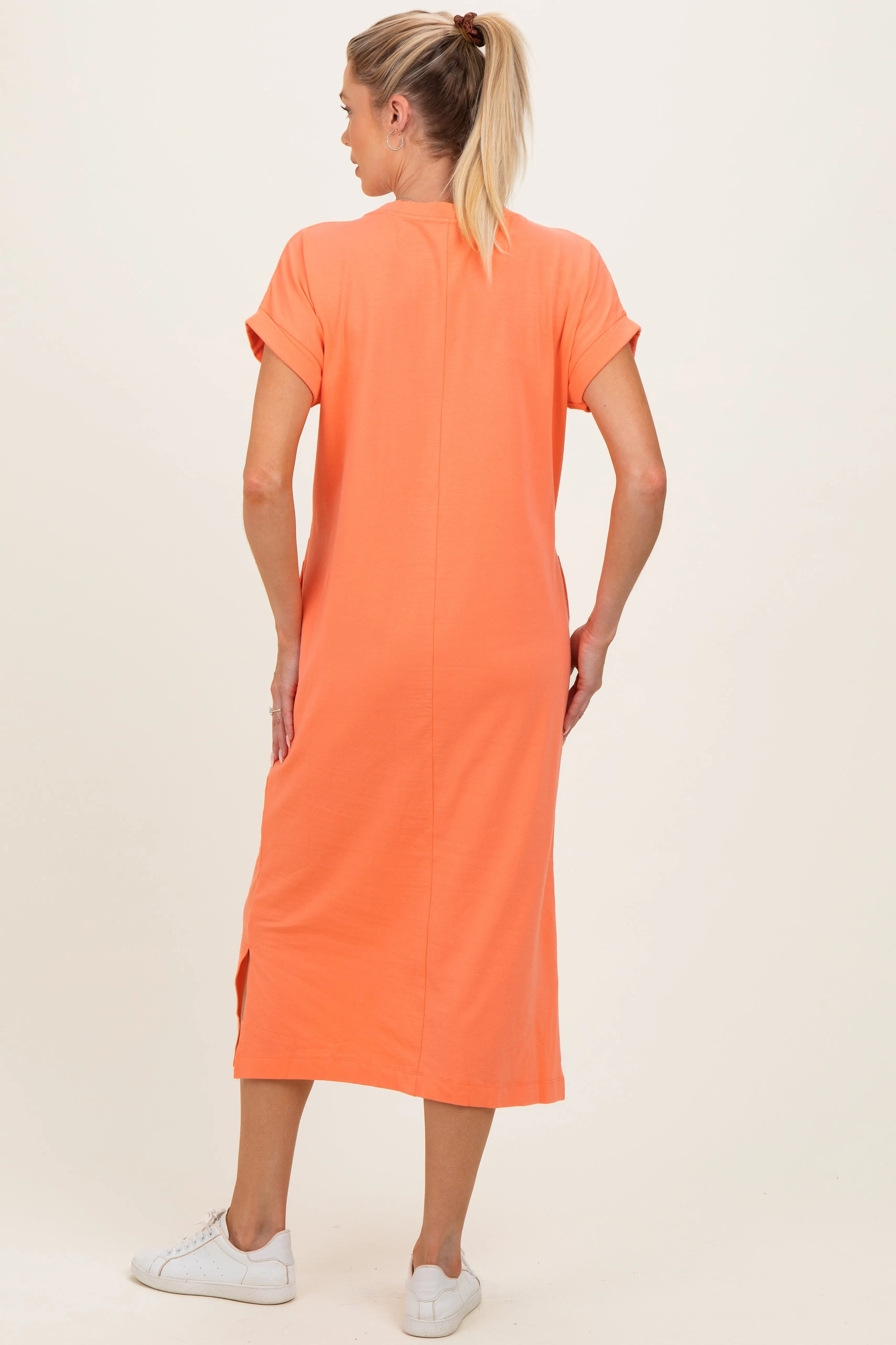 Peach Coral Pocket Front Maternity Midi T-Shirt Dress sold by Pinkblush product image thumbnail 3