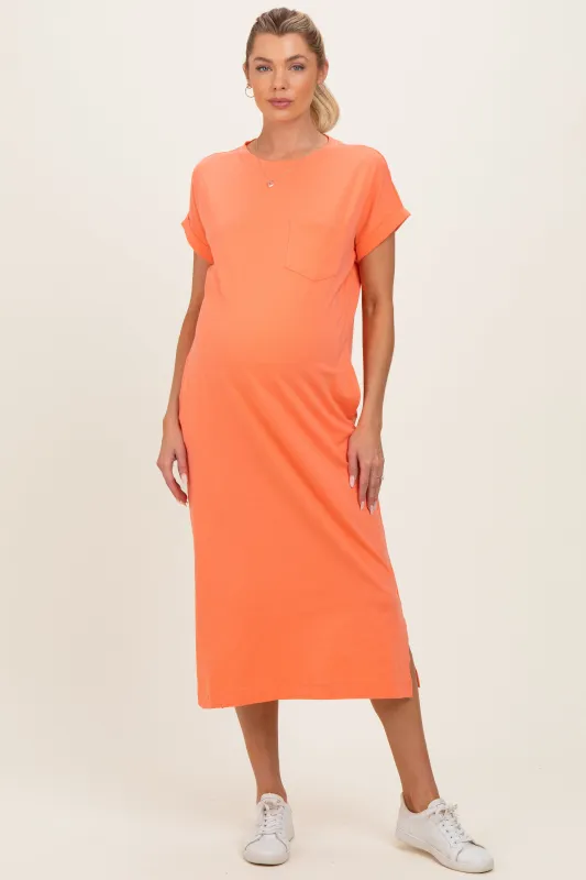 Peach Coral Pocket Front Maternity Midi T-Shirt Dress made by Zenana Outfitters