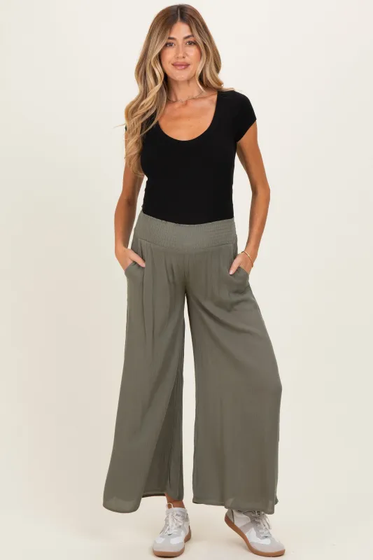 Olive Smocked Waist Ankle Wide Leg Maternity Pants made by Final Touch